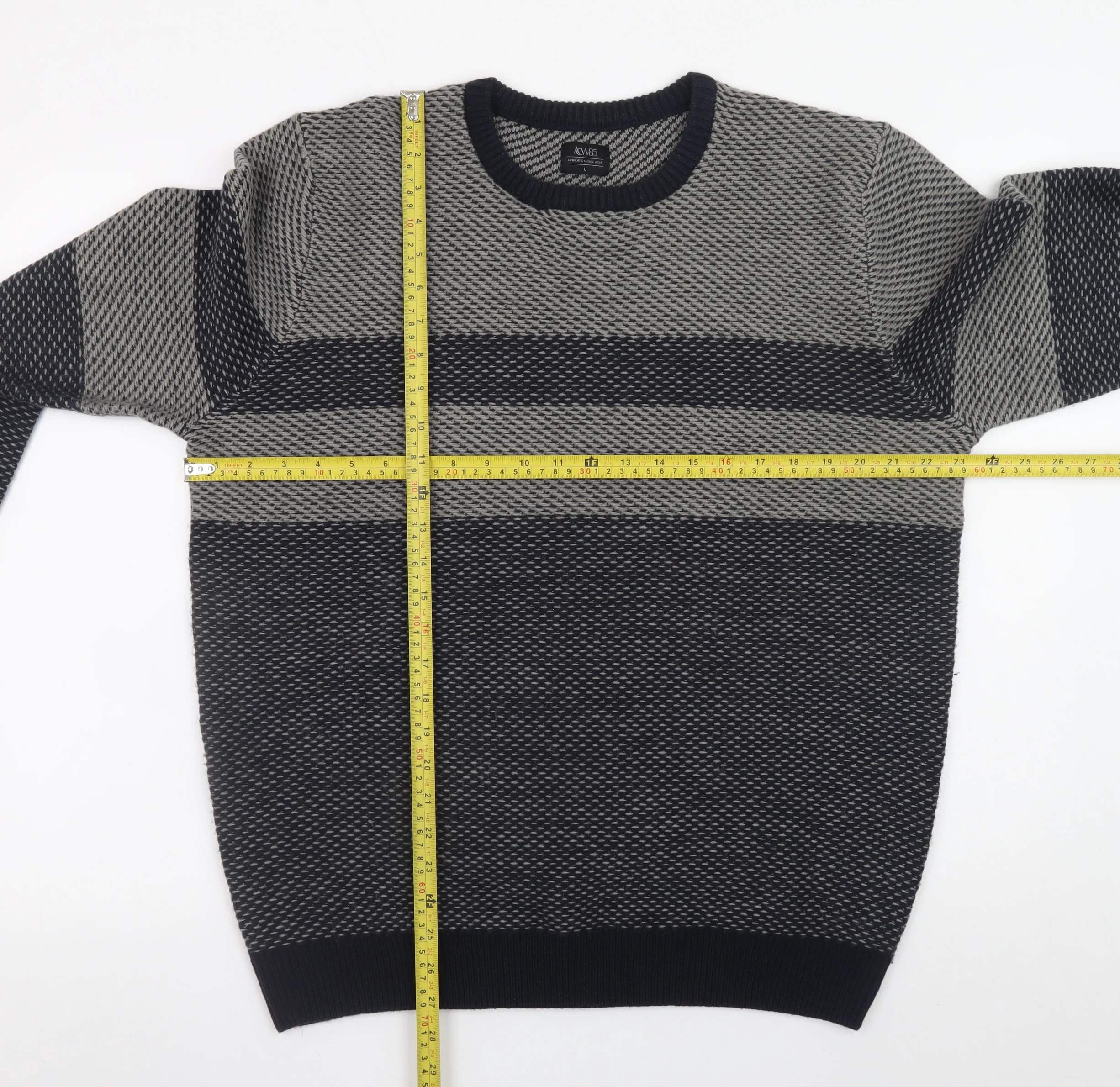 ACW85 Men's Grey Striped Knit Jumper L Crew Neck Wool Blend - Image 2
