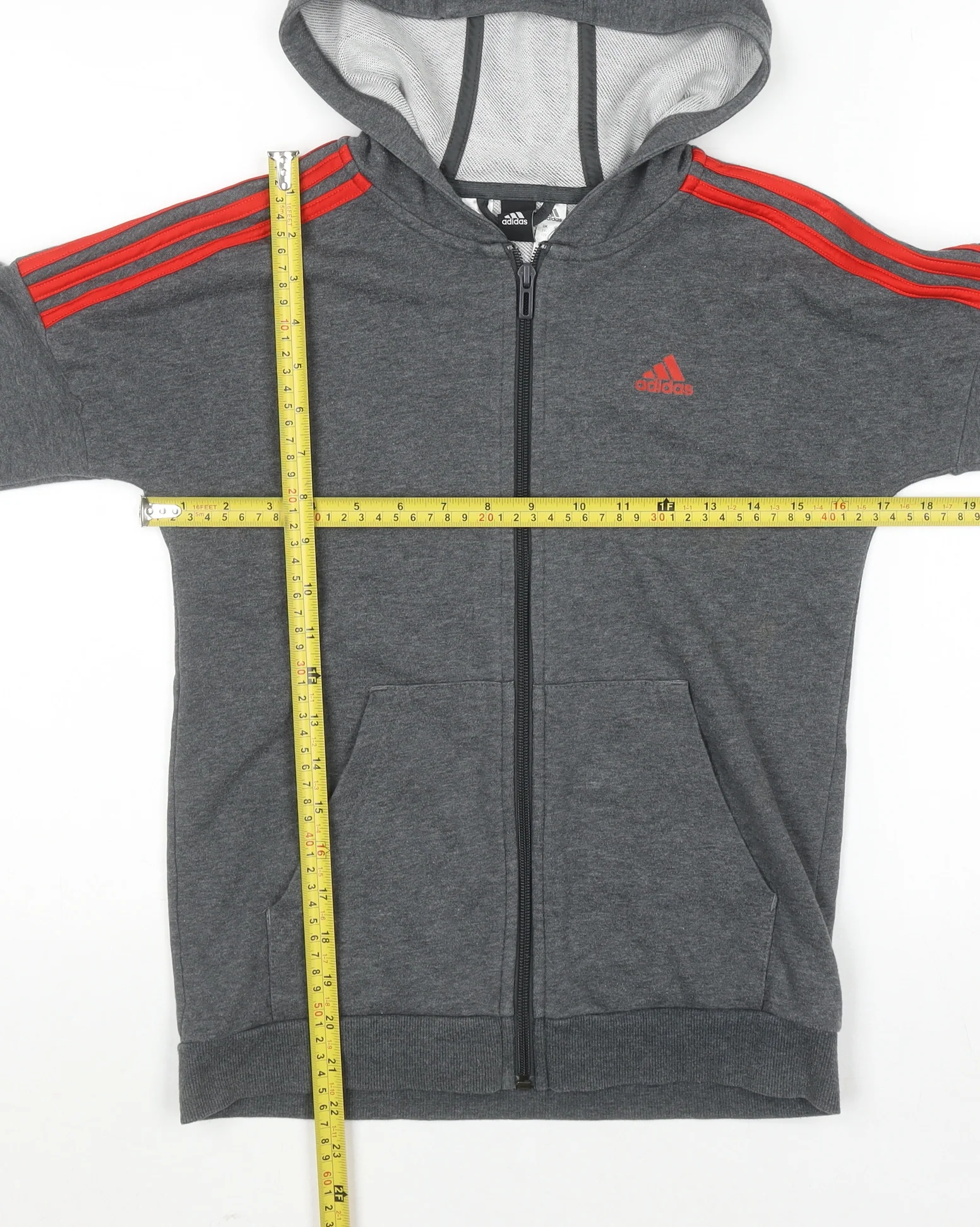 Adidas Boys Grey Full Zip Hoodie 11-12 Years Cotton Blend Red Stripes - Image 2