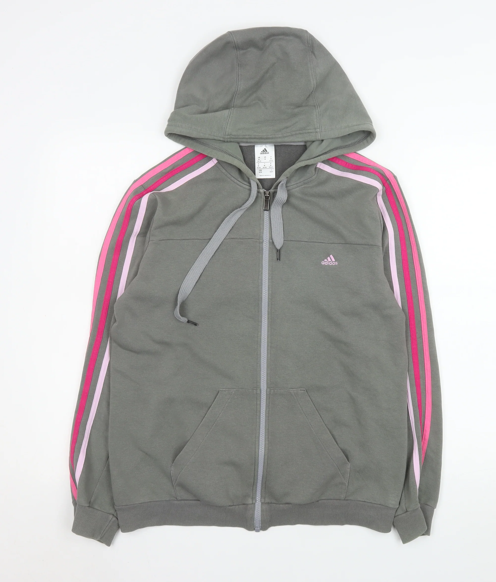 Adidas Girls Grey Hooded Track Jacket M 12-14 Years Full Zip Striped