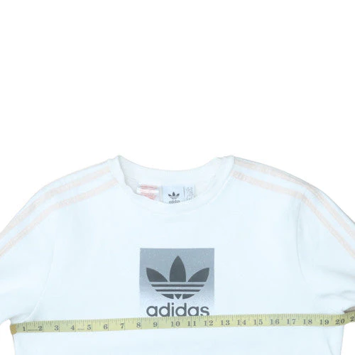 Adidas Girls White XL Pullover Sweatshirt with Logo Print and Striped Sleeves - Image 2