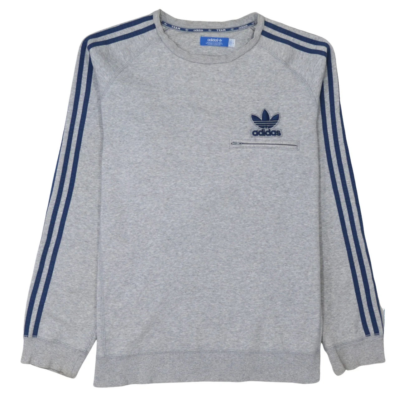 Adidas Men’s Grey Pullover Sweatshirt L Logo Zip Pocket Crew Neck