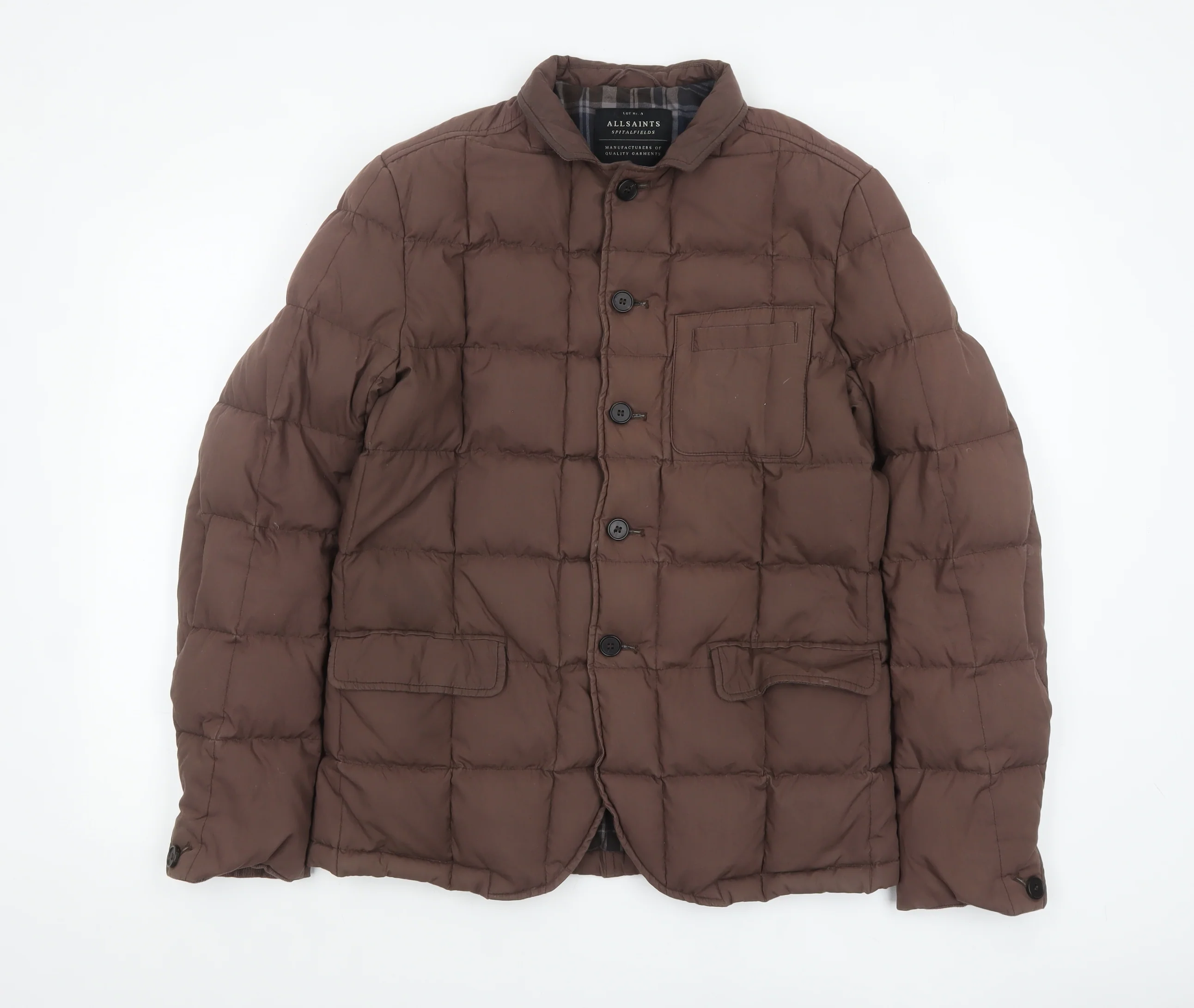 AllSaints Men's Brown Quilted Puffer Jacket Medium Polyamide Lined