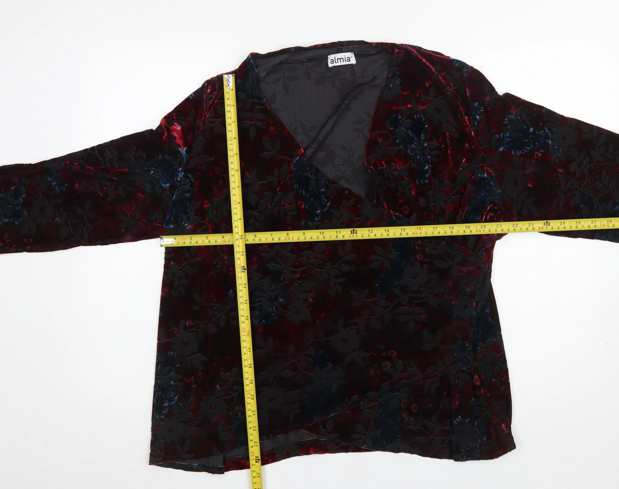 Almia Women Red Floral Velvet Wrap Blouse Long Sleeve Size 26 - Image 2