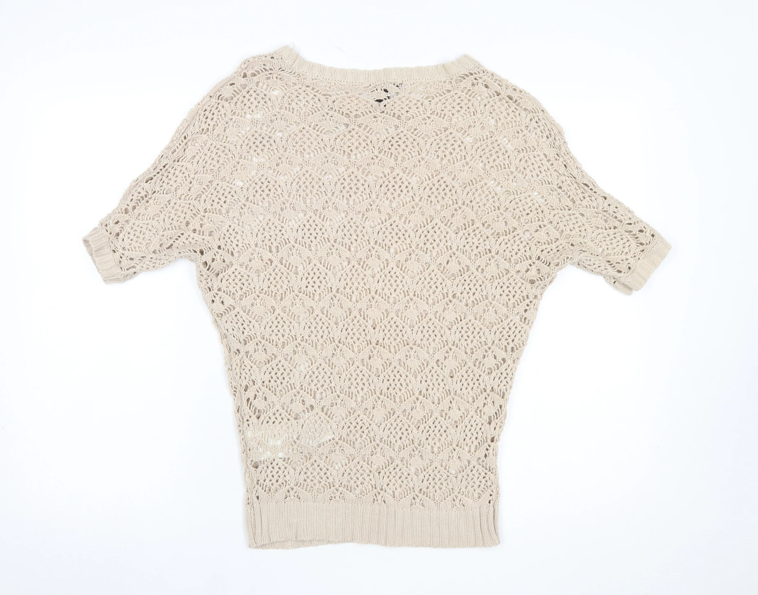 Amisu Womens Beige Crochet Short Sleeve Open-Knit Jumper XS - Image 3