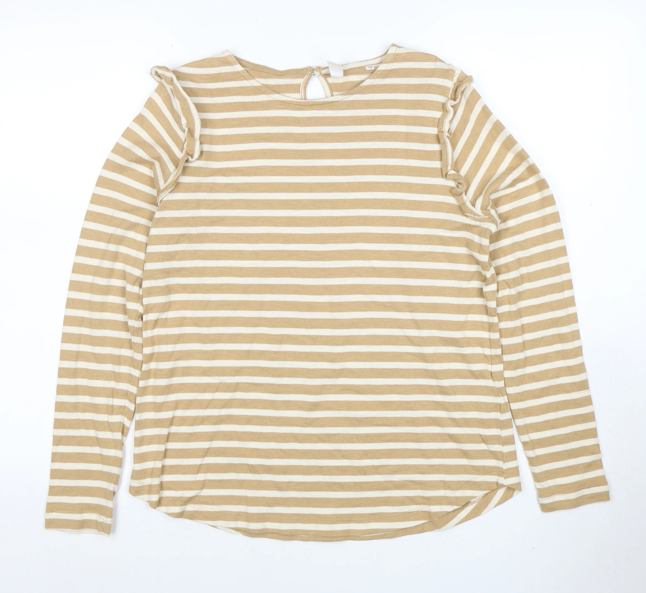 AND/OR Women’s Beige Striped Long Sleeve Cotton T-Shirt Size 12