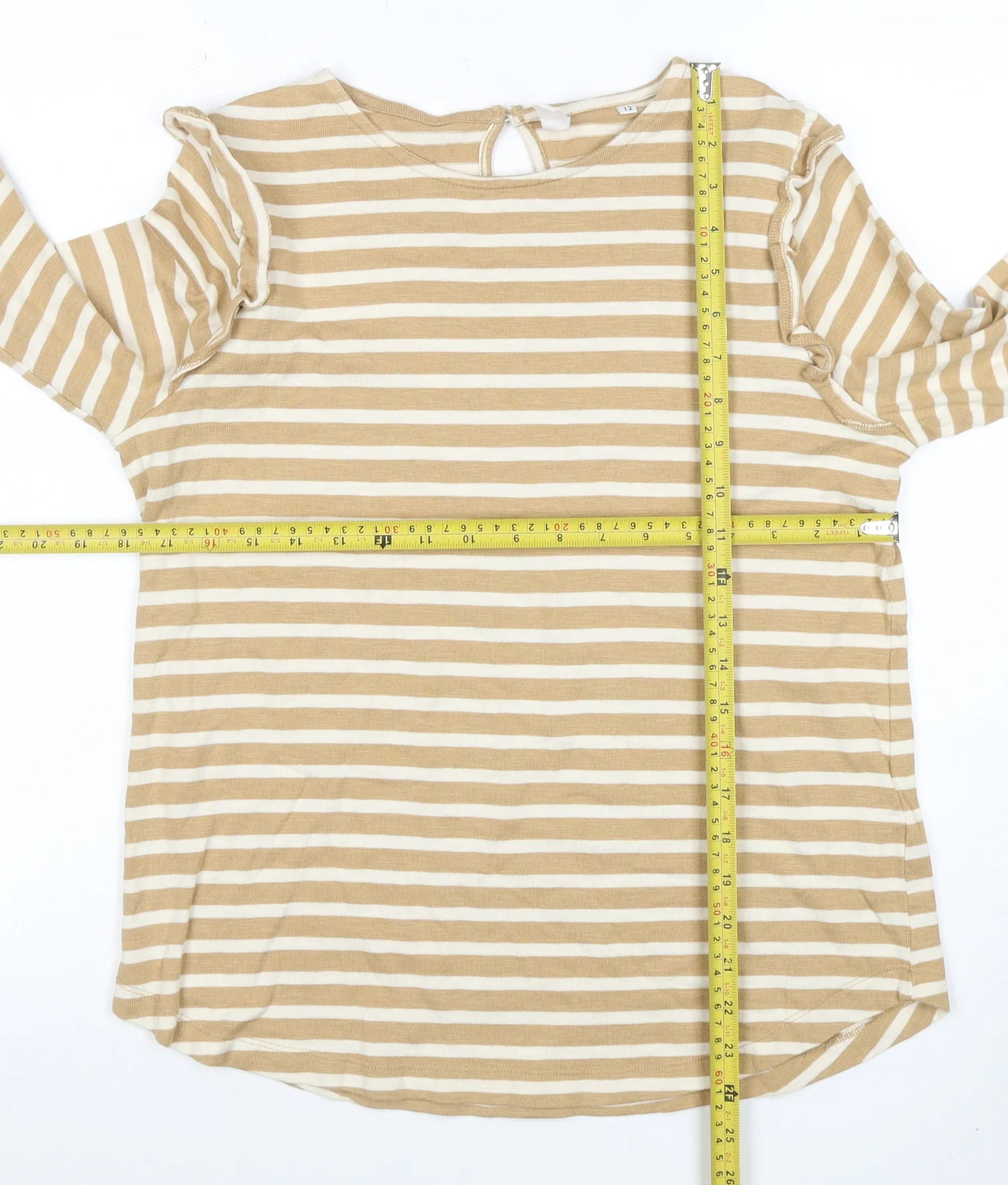 AND/OR Women’s Beige Striped Long Sleeve Cotton T-Shirt Size 12 - Image 2