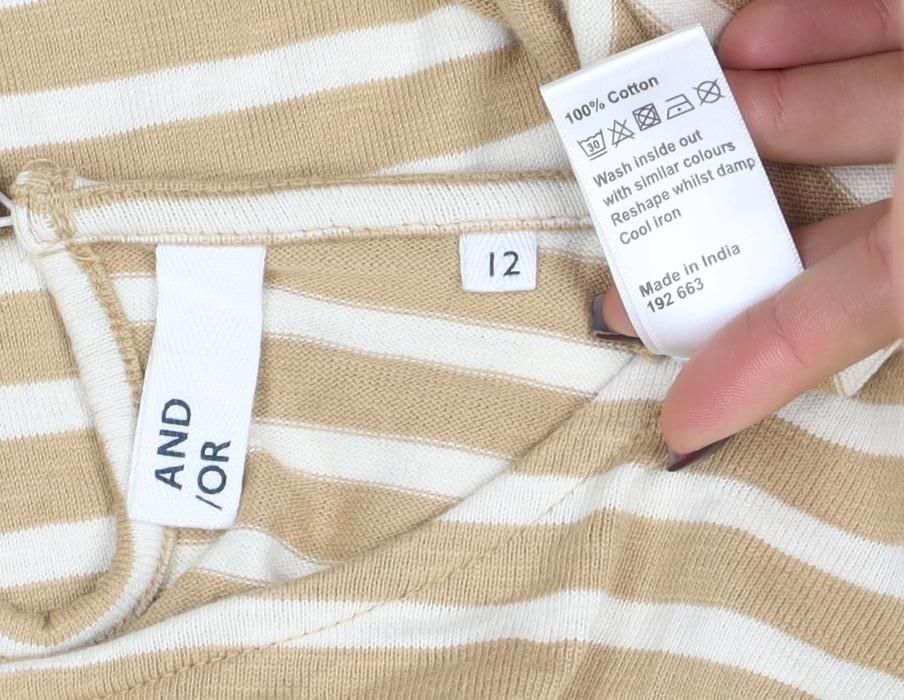 AND/OR Women’s Beige Striped Long Sleeve Cotton T-Shirt Size 12 - Image 4