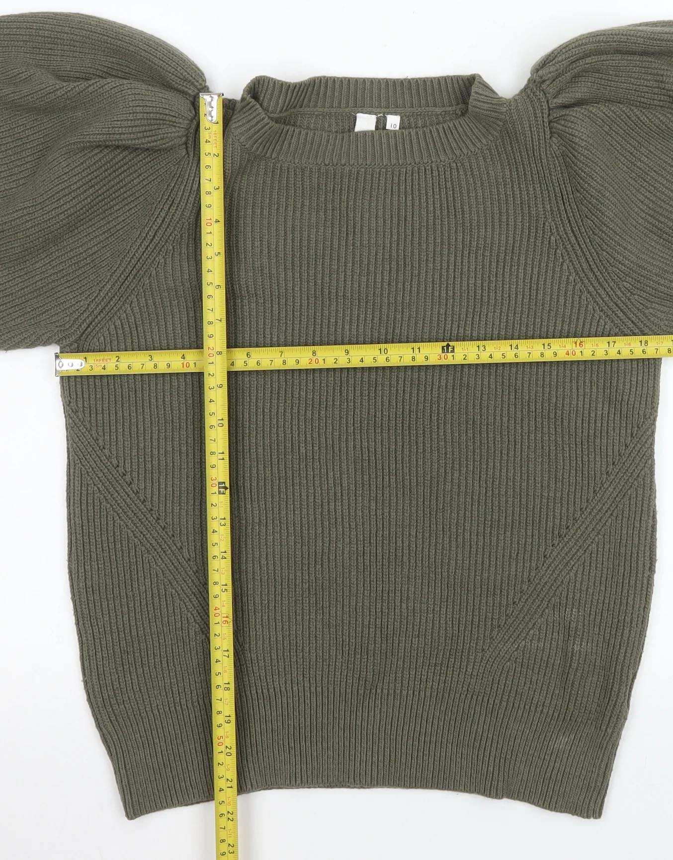 AND/OR Womens Green Puff Sleeve Ribbed Knit Jumper Size 10 - Image 2
