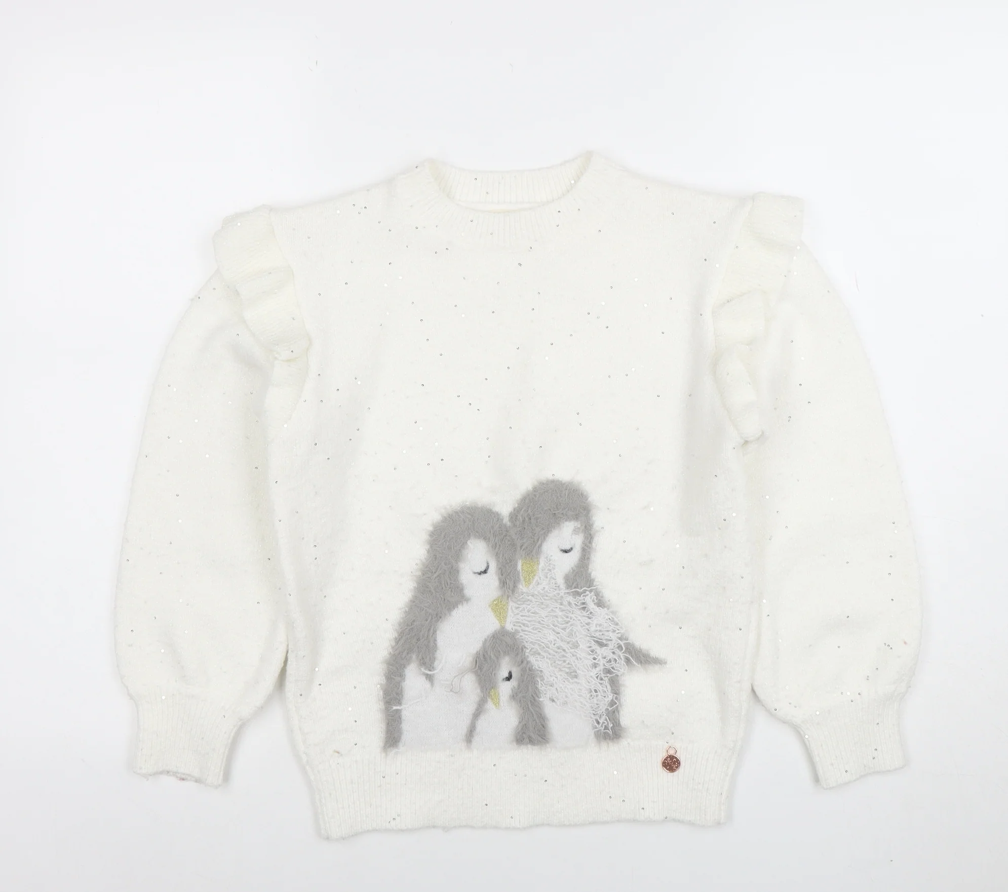 Angel & Rocket Girls White Sequin Penguin Jumper Size 10 Long Sleeve Knit