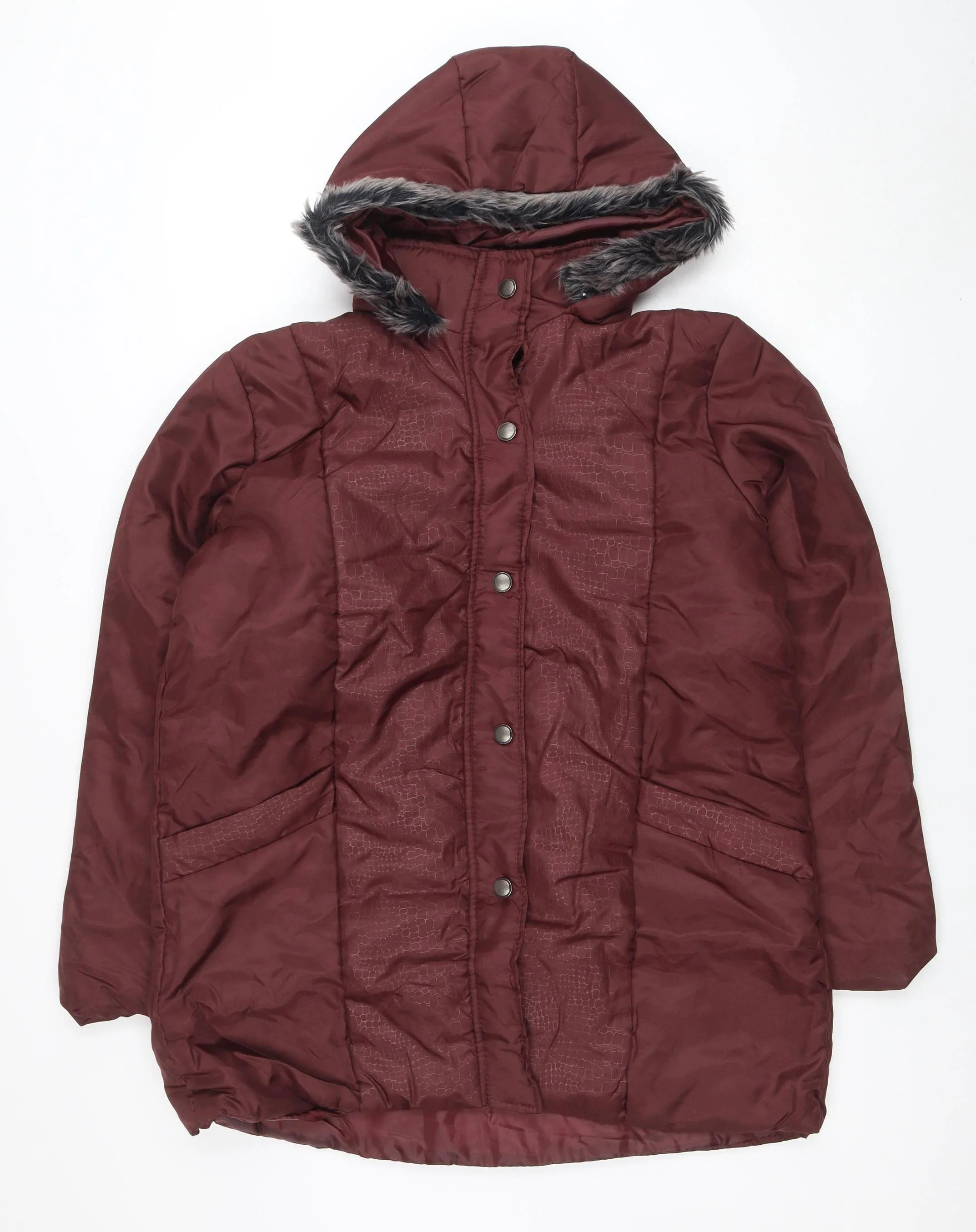 Anne de Lançay Women's Red Hooded Puffer Jacket M Faux Fur Trim