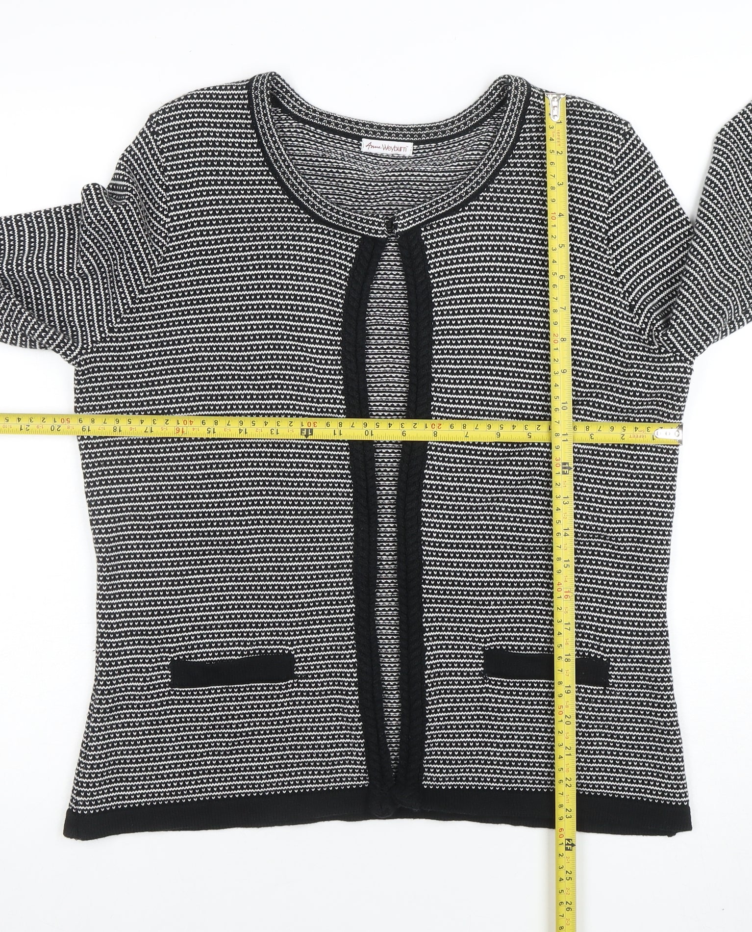Anne Weyburn Women Black Striped Knit Cardigan Size 12 Classic Round Neck - Image 2