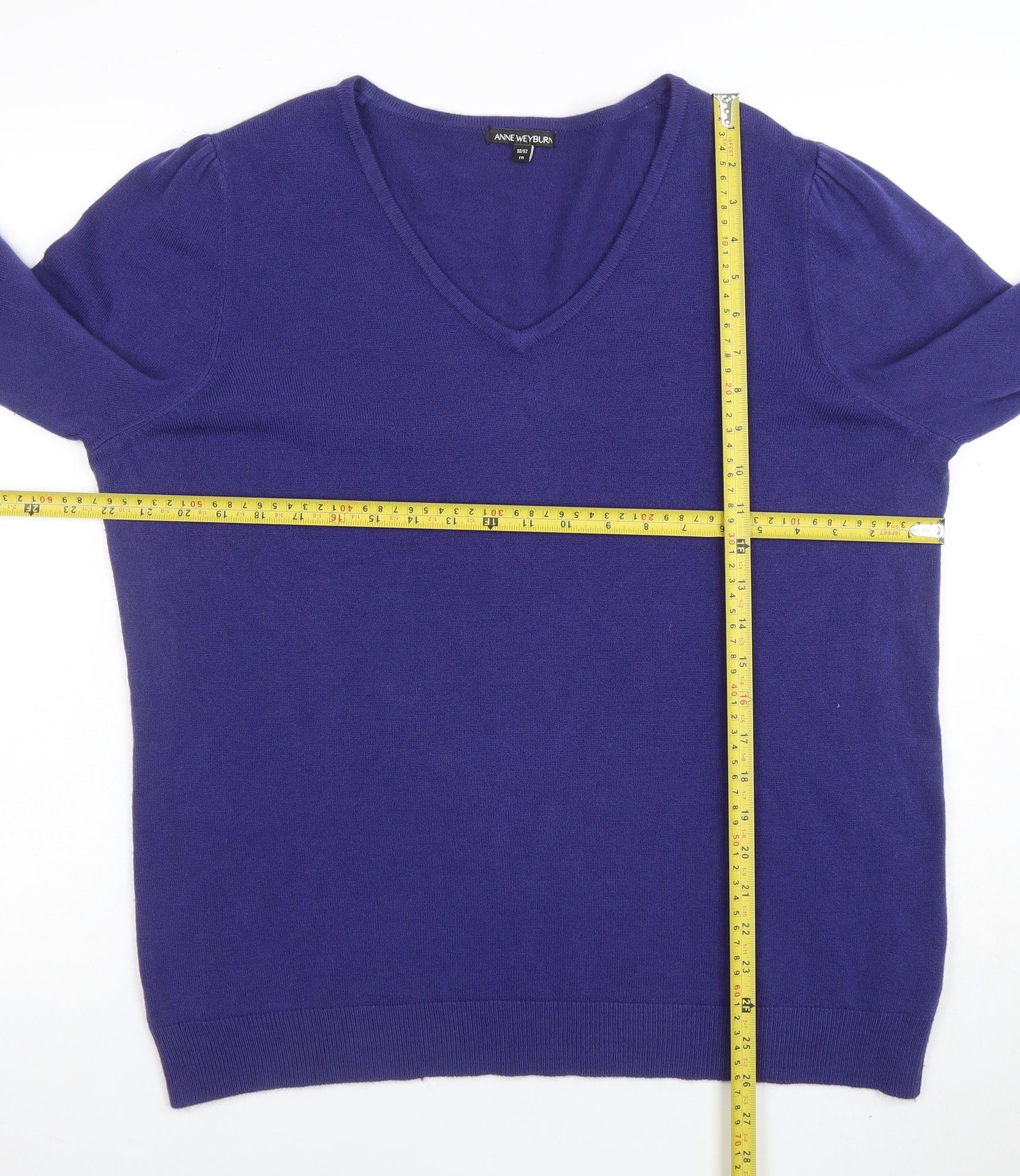 Anne Weyburn Women Purple V-Neck Cotton Cashmere Jumper Size 24 - Image 2