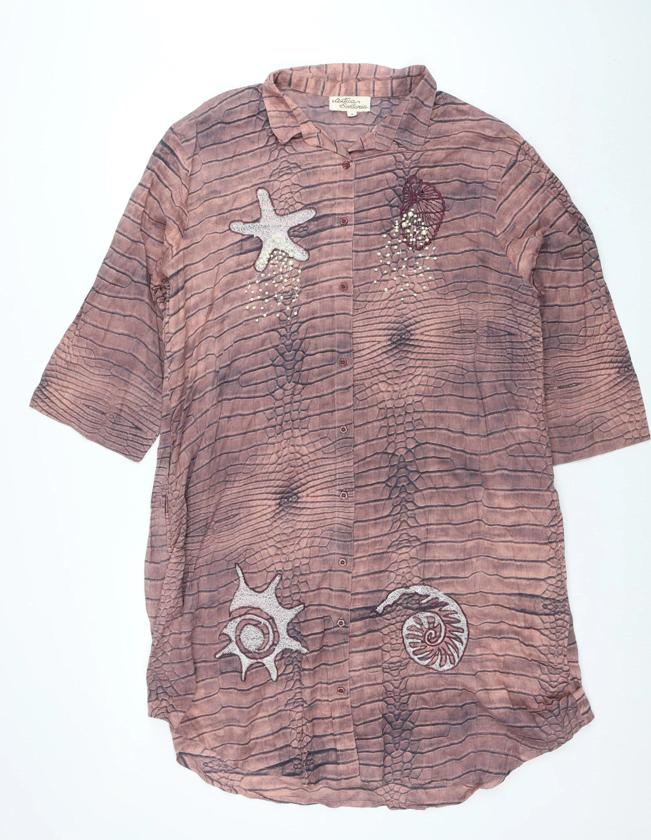 Antica Sartoria Women Brown Cotton Embroidered Shift Dress Size 4