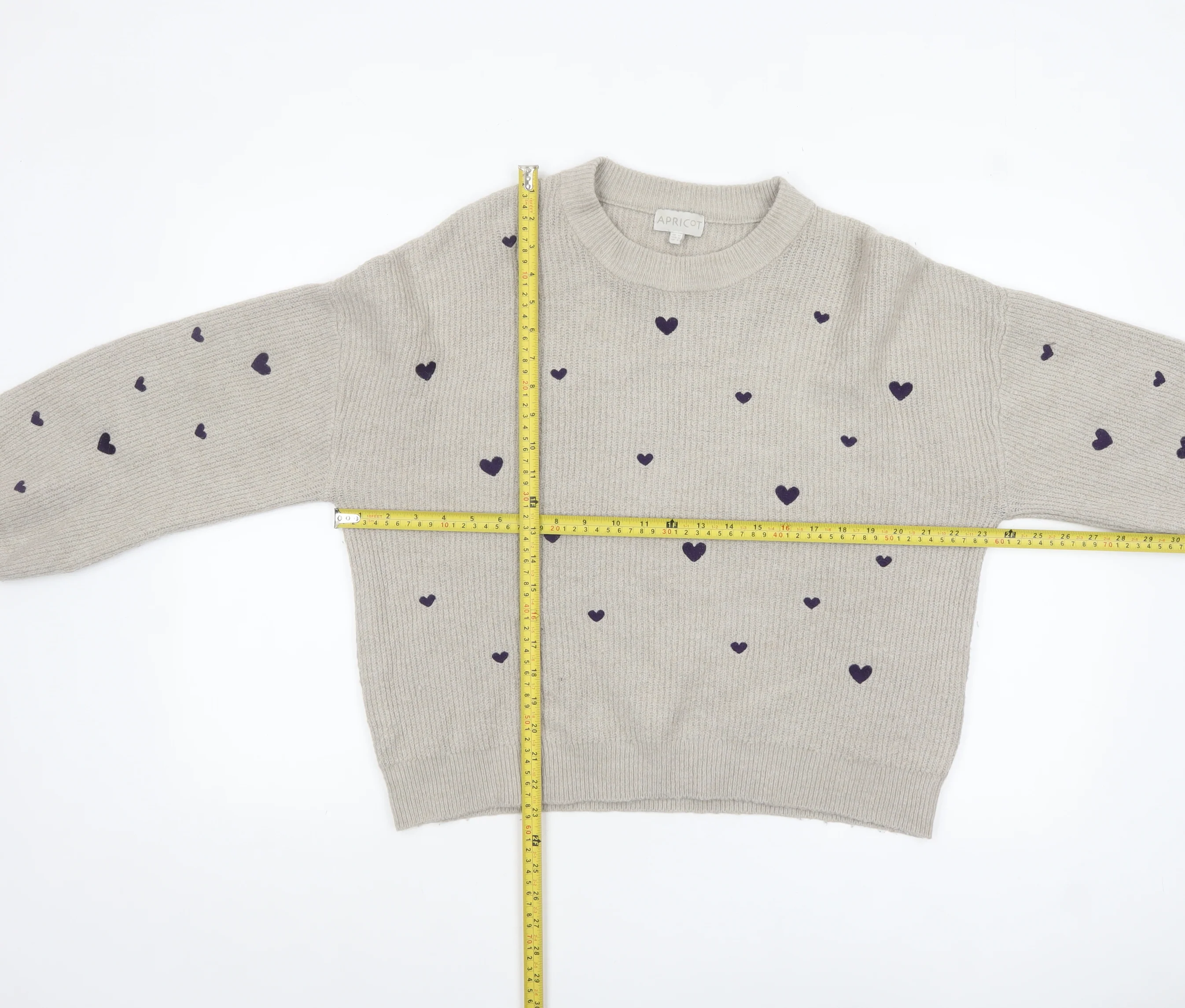 Apricot Womens Beige Heart Print Crew Neck Knit Jumper Size 12 - Image 2