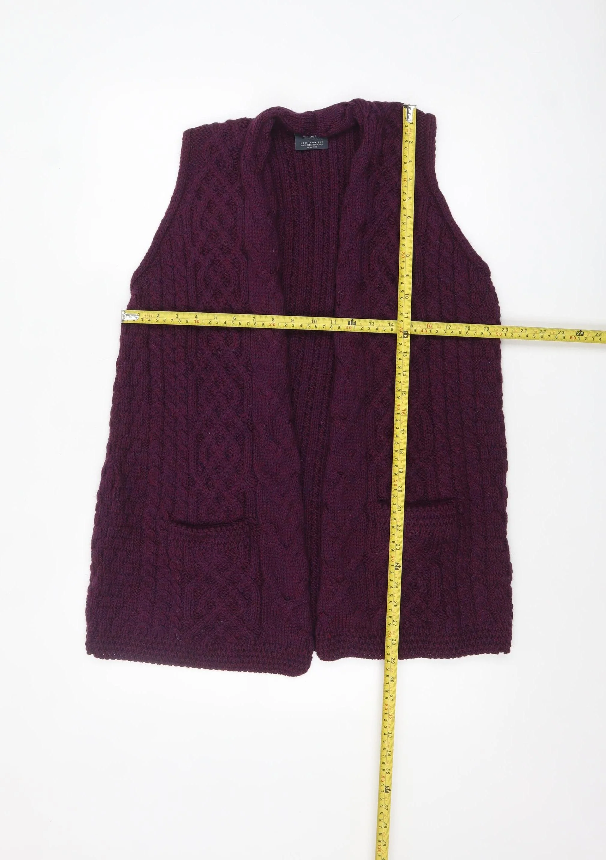 Aran Woollen Mills Women Purple Cable-Knit Merino Wool Sleeveless Vest L - Image 2