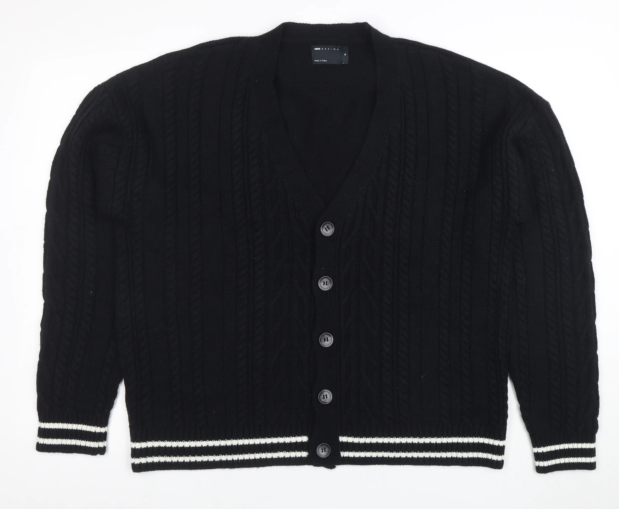 ASOS DESIGN Men's Black Cable-Knit Cardigan M V-Neck Button Front - Image 3