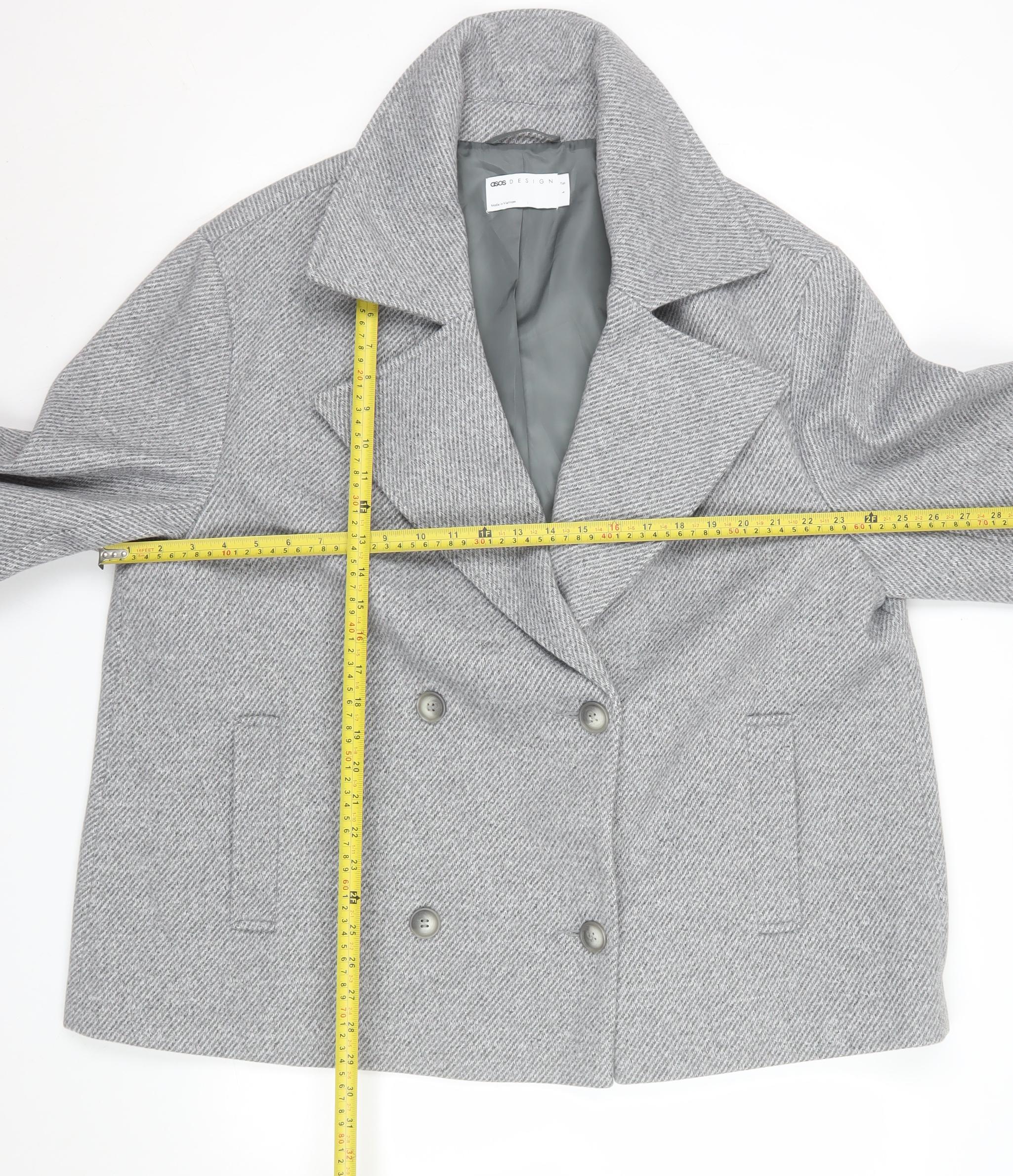ASOS DESIGN Women’s Grey Pea Coat Short Herringbone L - Image 2