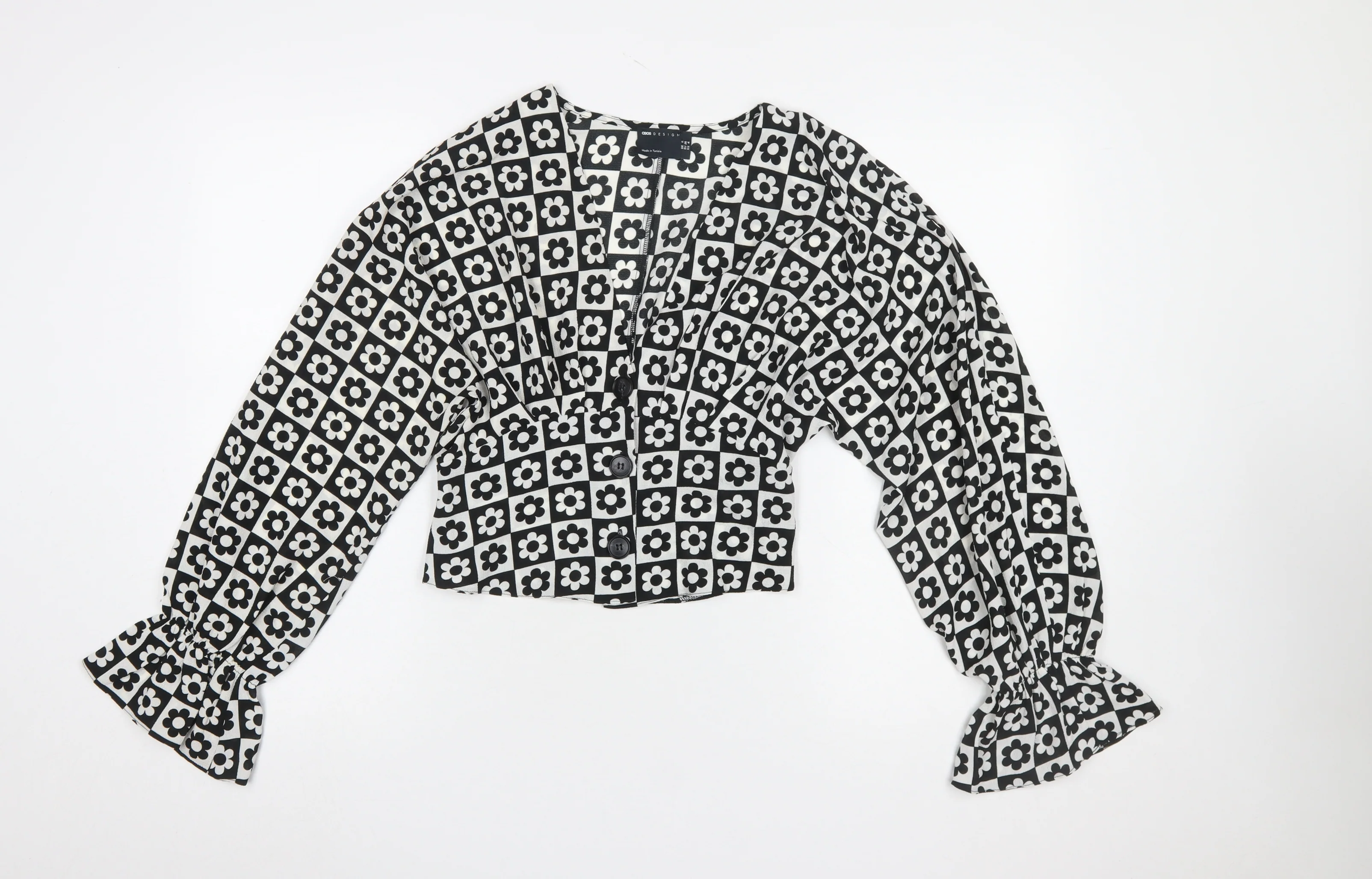 ASOS DESIGN Womens Black Floral Cropped Blouse UK 8 Long Sleeve