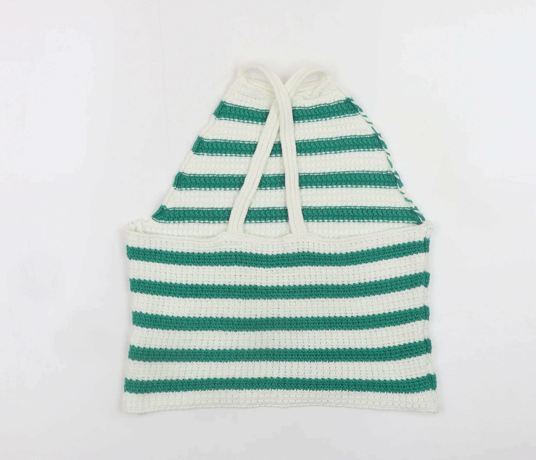 ASOS DESIGN Women's Green White Striped Crochet Halter Cropped Tank Top S - Image 3