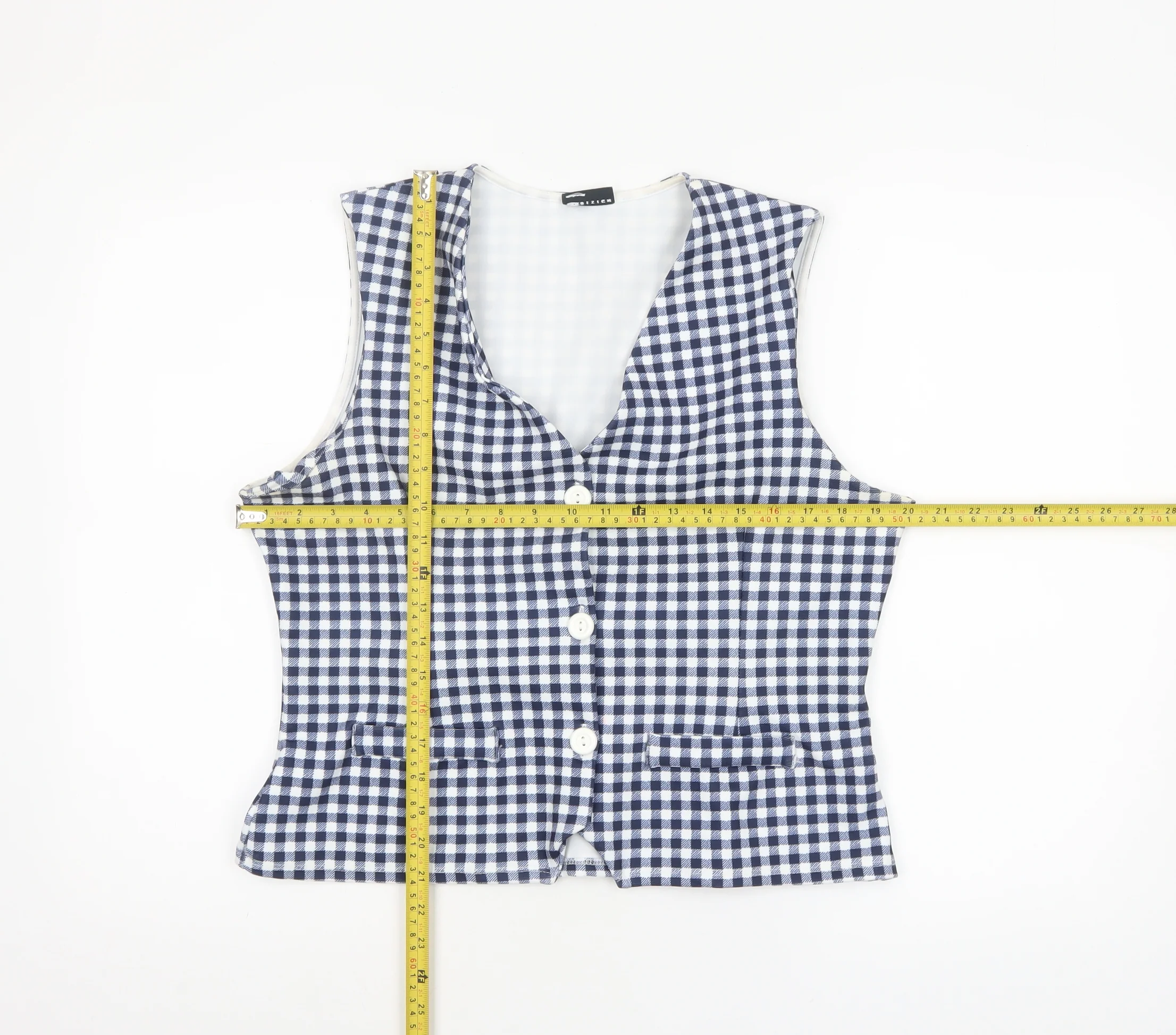 ASOS Women Blue Check Cropped Sleeveless Button Blouse L - Image 2