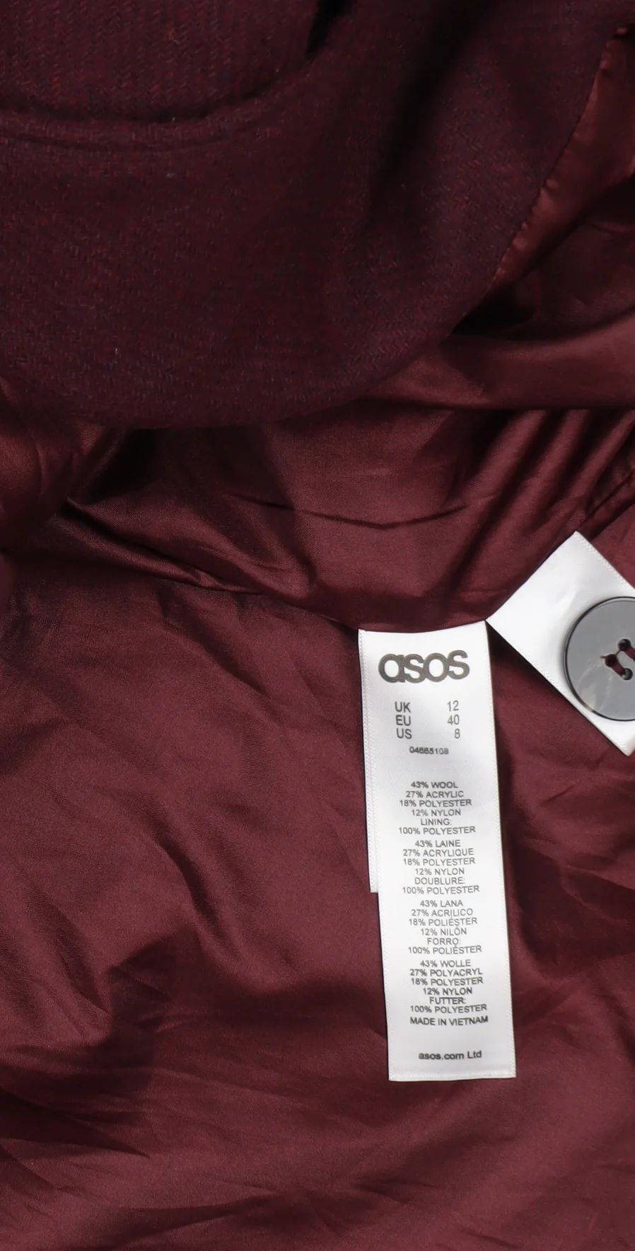 ASOS Women Burgundy Wool Blend Long Coat Size 12 Elegant Draped Style - Image 4