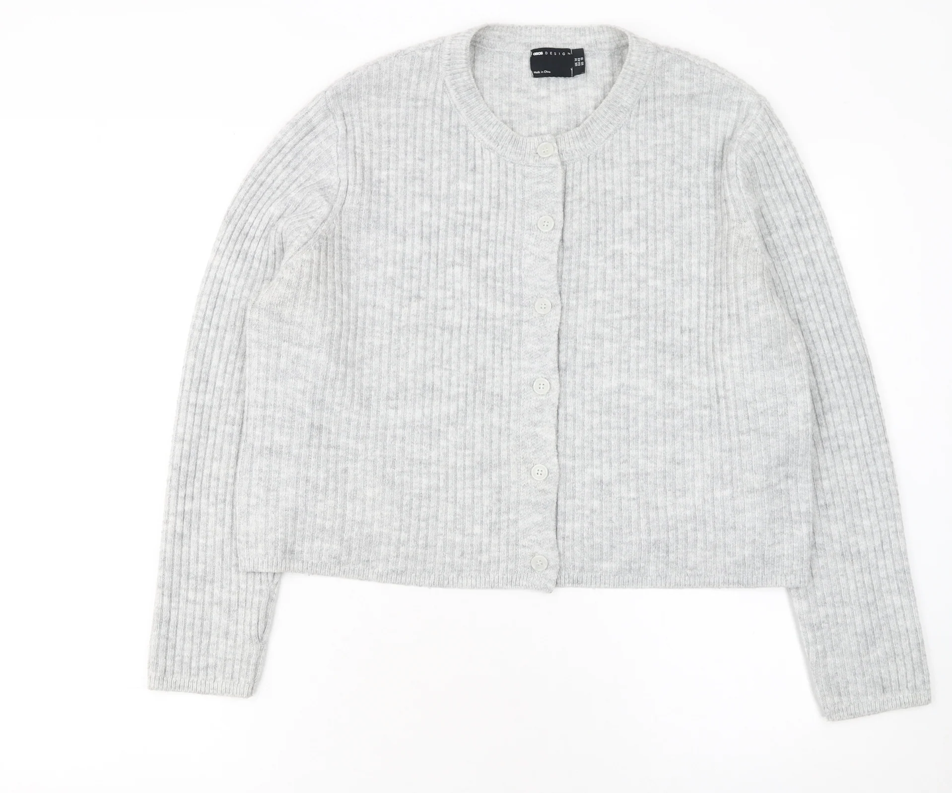 ASOS Women Grey Ribbed Crew Neck Long Sleeve Button Cardigan Size 14