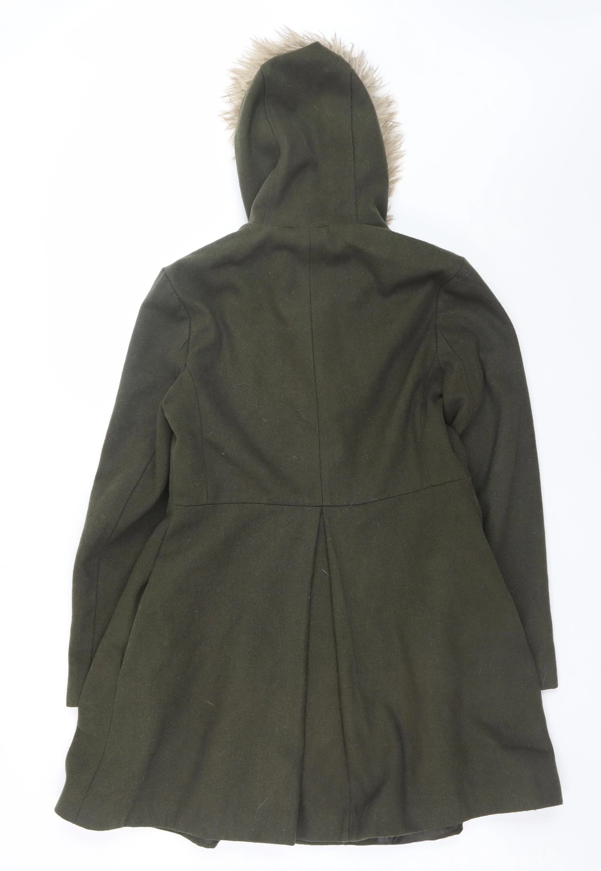 ASOS Women Olive Green Faux Fur Hooded Duffle Coat UK 10 Wool Blend - Image 3