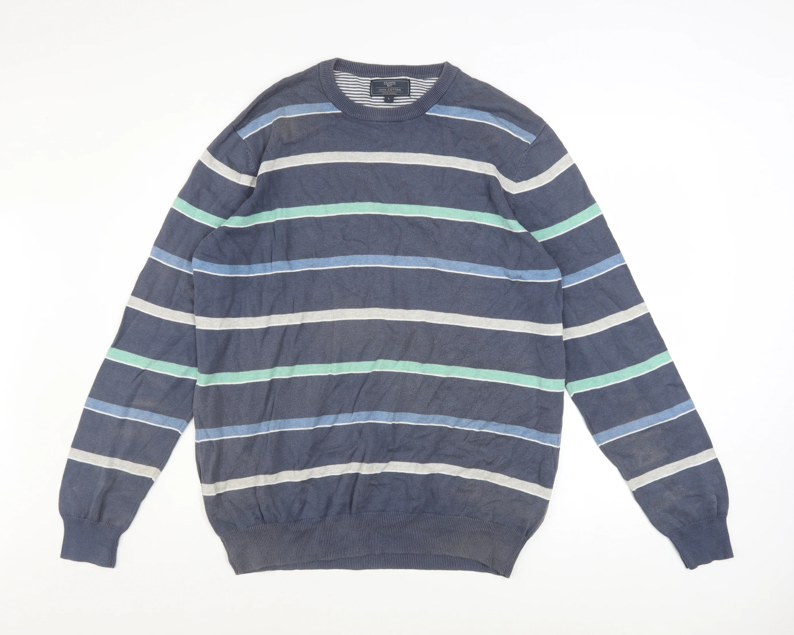 Atlantic Bay Men's Blue Striped Cotton Crew Neck Jumper Size L
