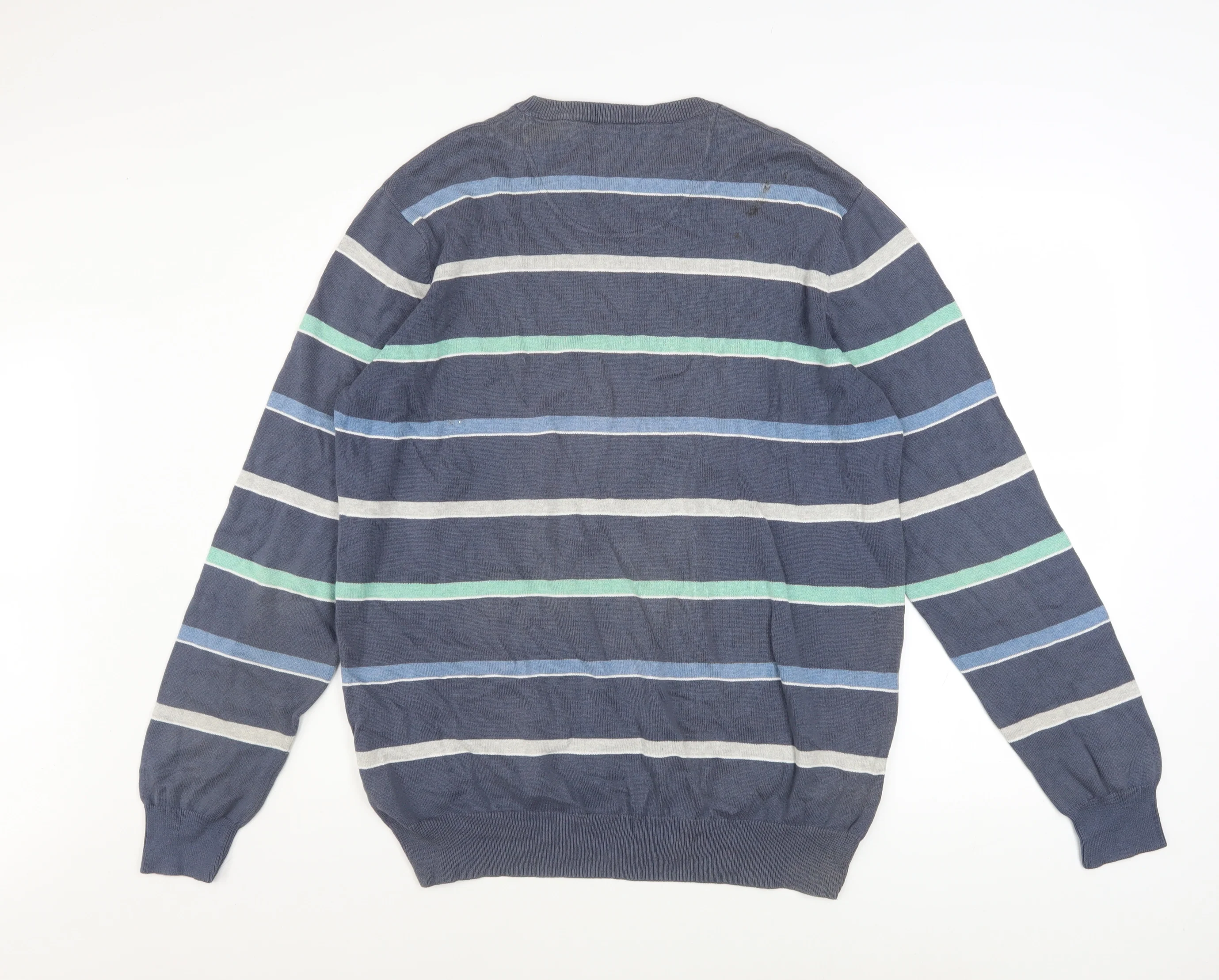 Atlantic Bay Men's Blue Striped Cotton Crew Neck Jumper Size L - Image 3
