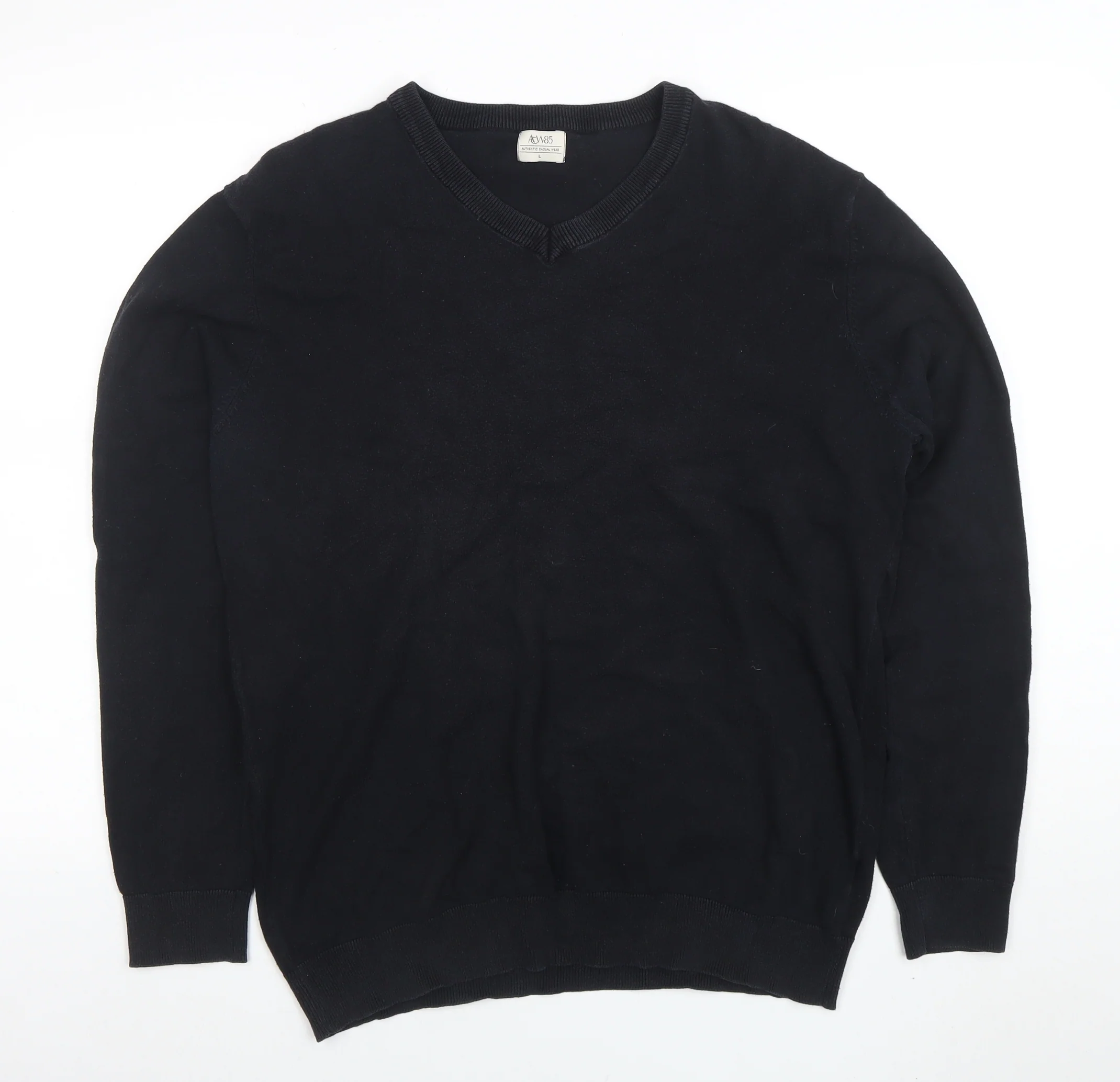 AW85 Men’s Black Cotton V-Neck Jumper Size L Casual Knitwear