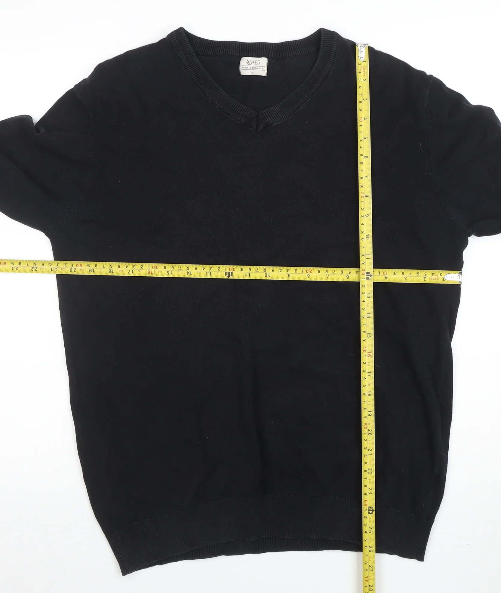 AW85 Men’s Black Cotton V-Neck Jumper Size L Casual Knitwear - Image 2