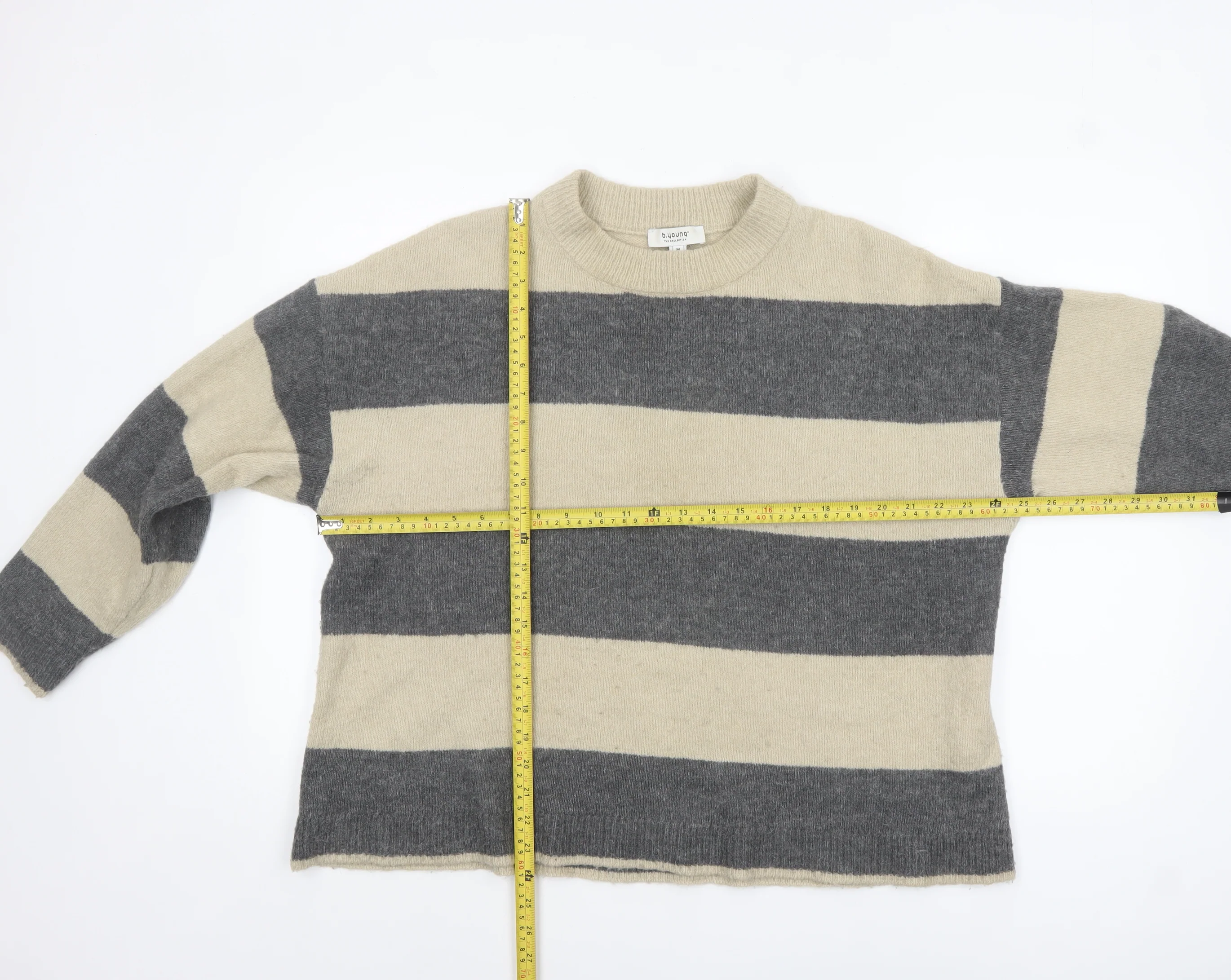 b.young Women's Grey Stripe Wool Blend Crew Neck Jumper Size M - Image 2