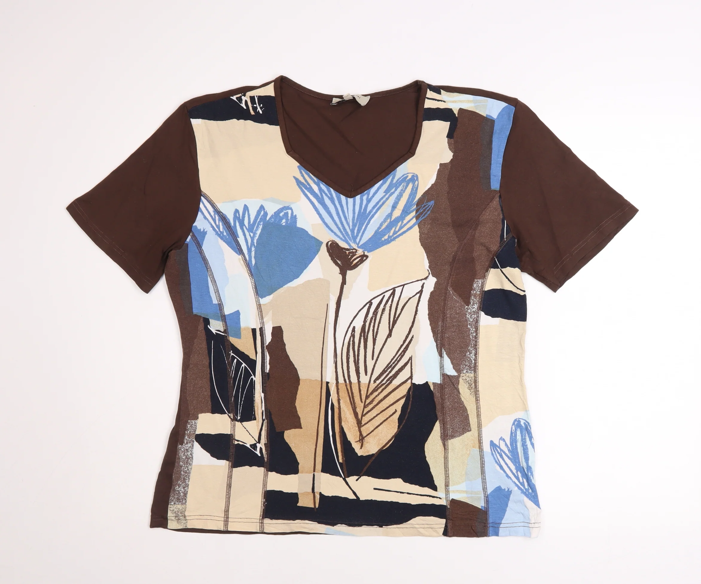 Bassini Women Brown Floral Viscose Stretch T-Shirt Size L