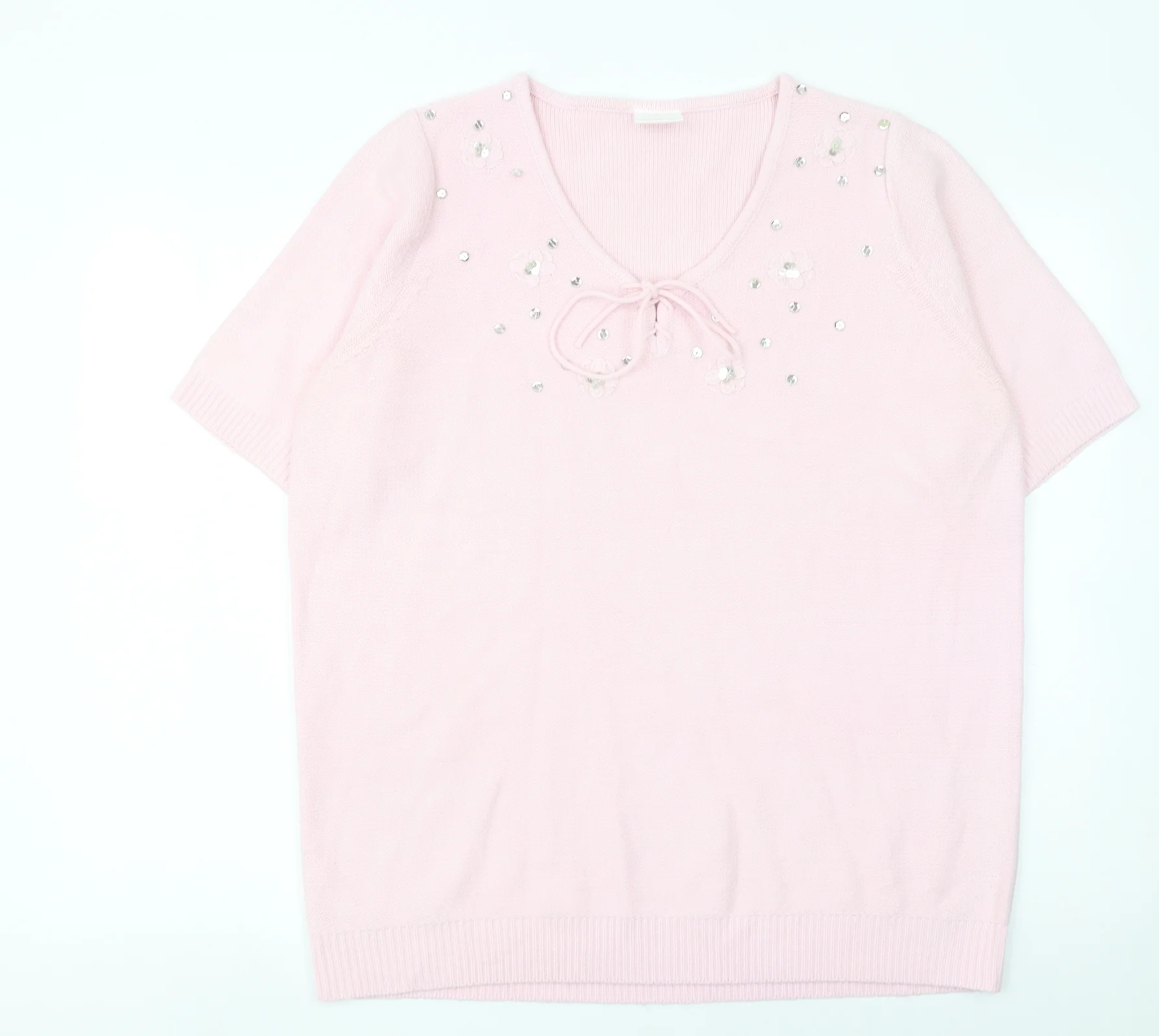 Being Casual Women's Pink Short Sleeve V-Neck Sequin Jumper Size 16