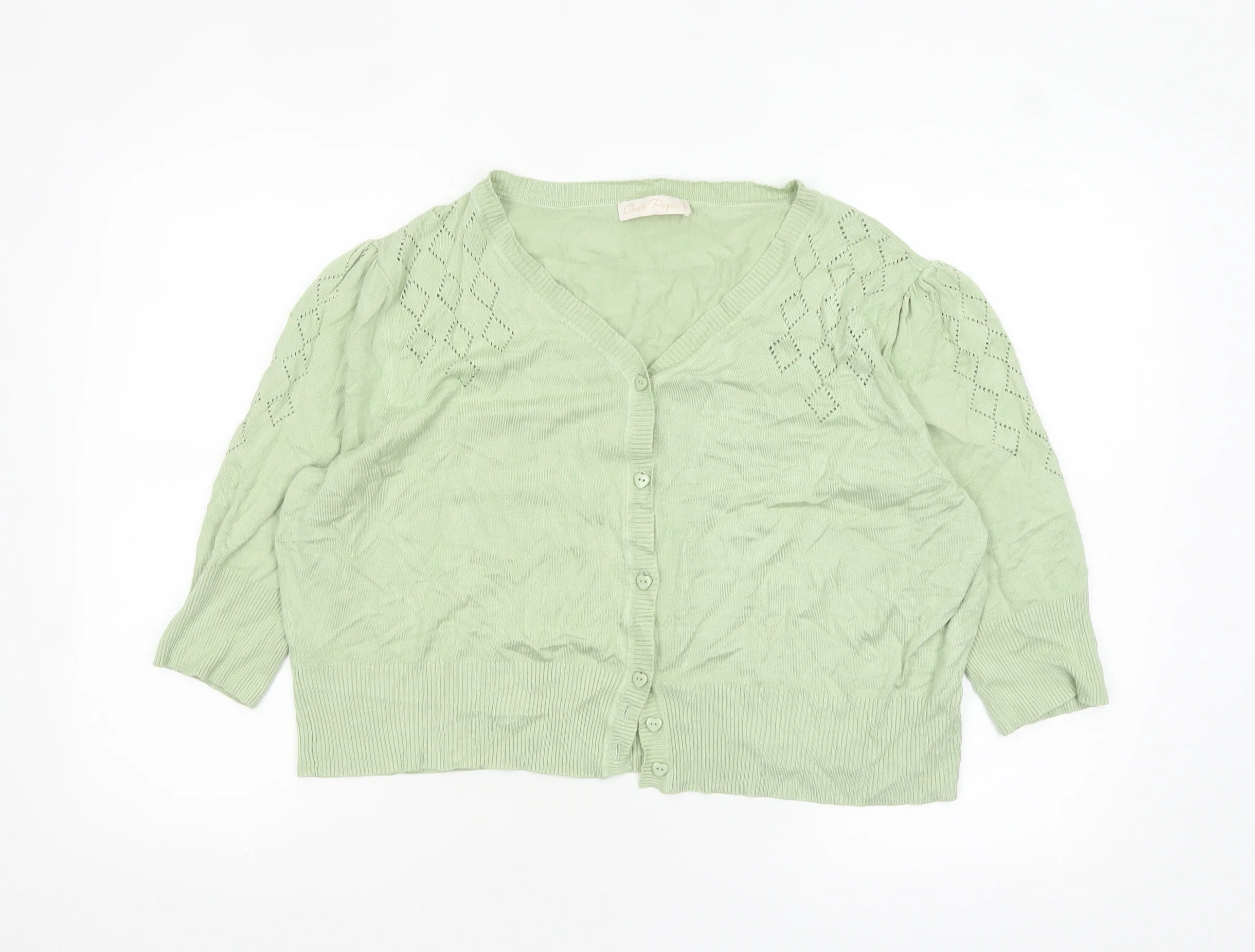 Belle Poque Women Green 2XL V-Neck 3/4 Sleeve Cardigan