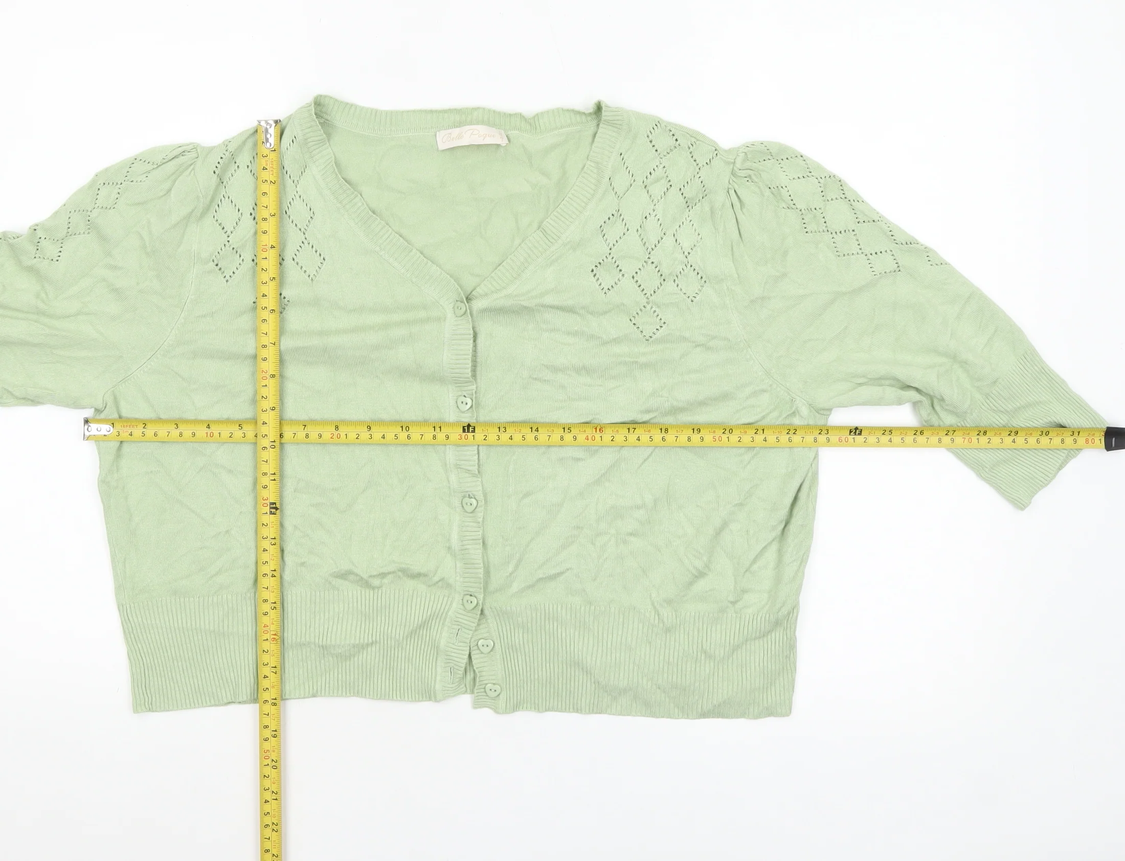Belle Poque Women Green 2XL V-Neck 3/4 Sleeve Cardigan - Image 2