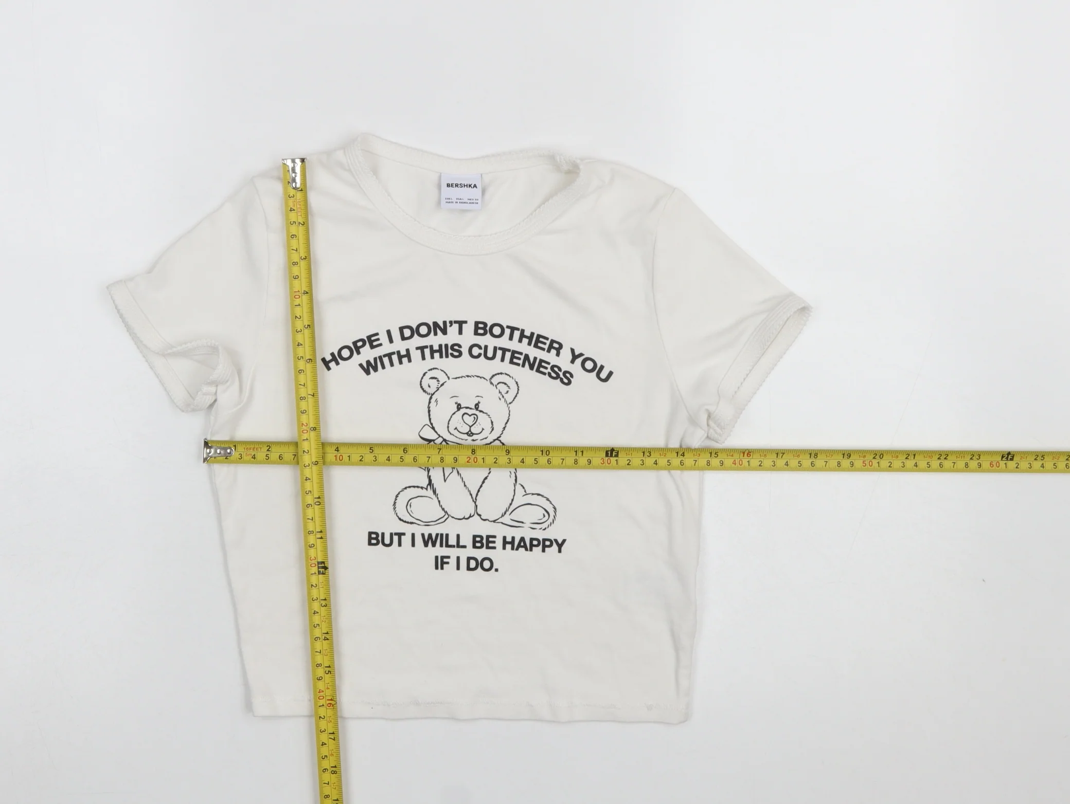Bershka Girls Ivory Cropped Bear Graphic Modal Cotton T-Shirt L - Image 2