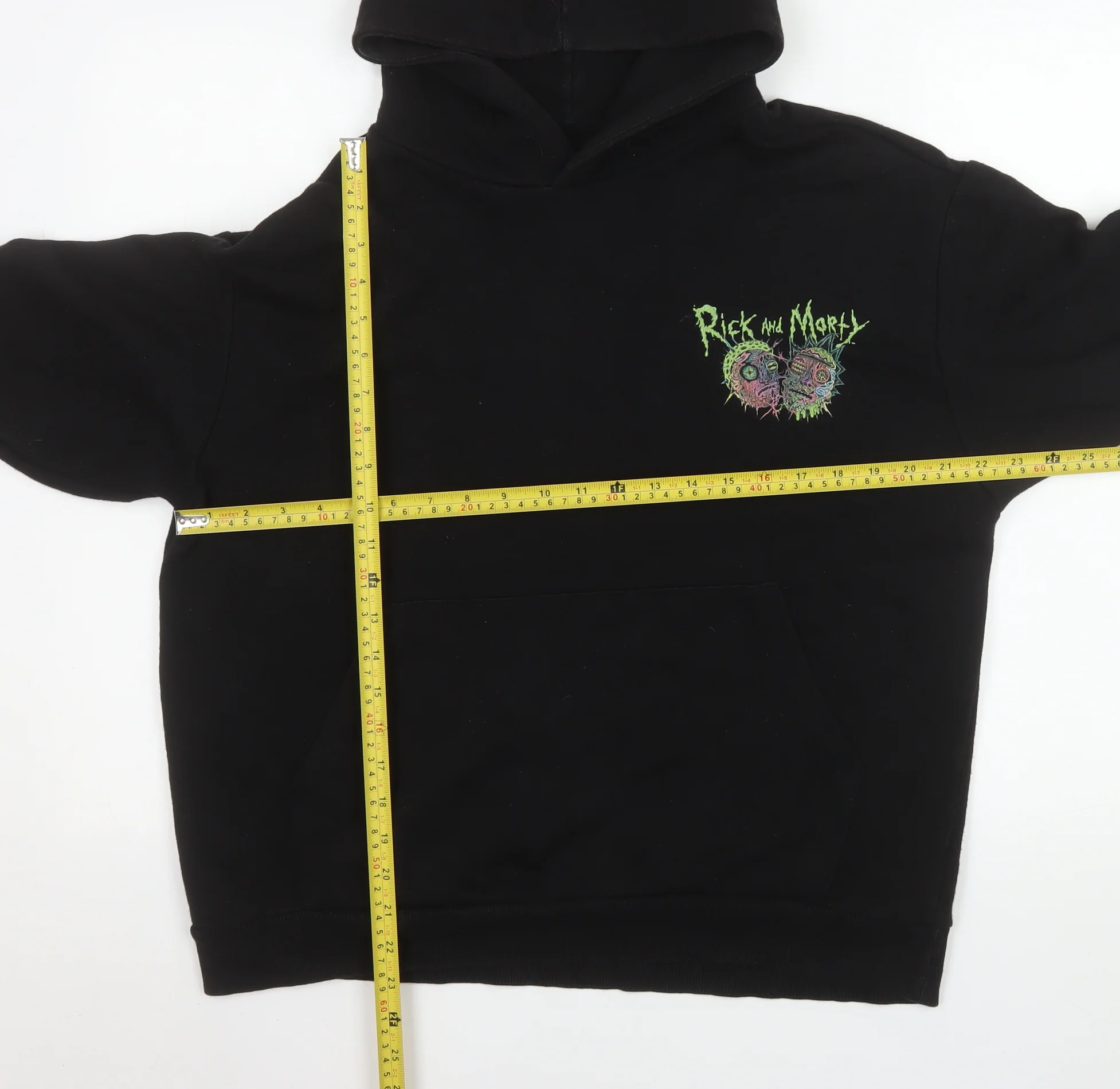 Bershka Rick and Morty Men's Black Pullover Hoodie Size S Loose Fit - Image 2