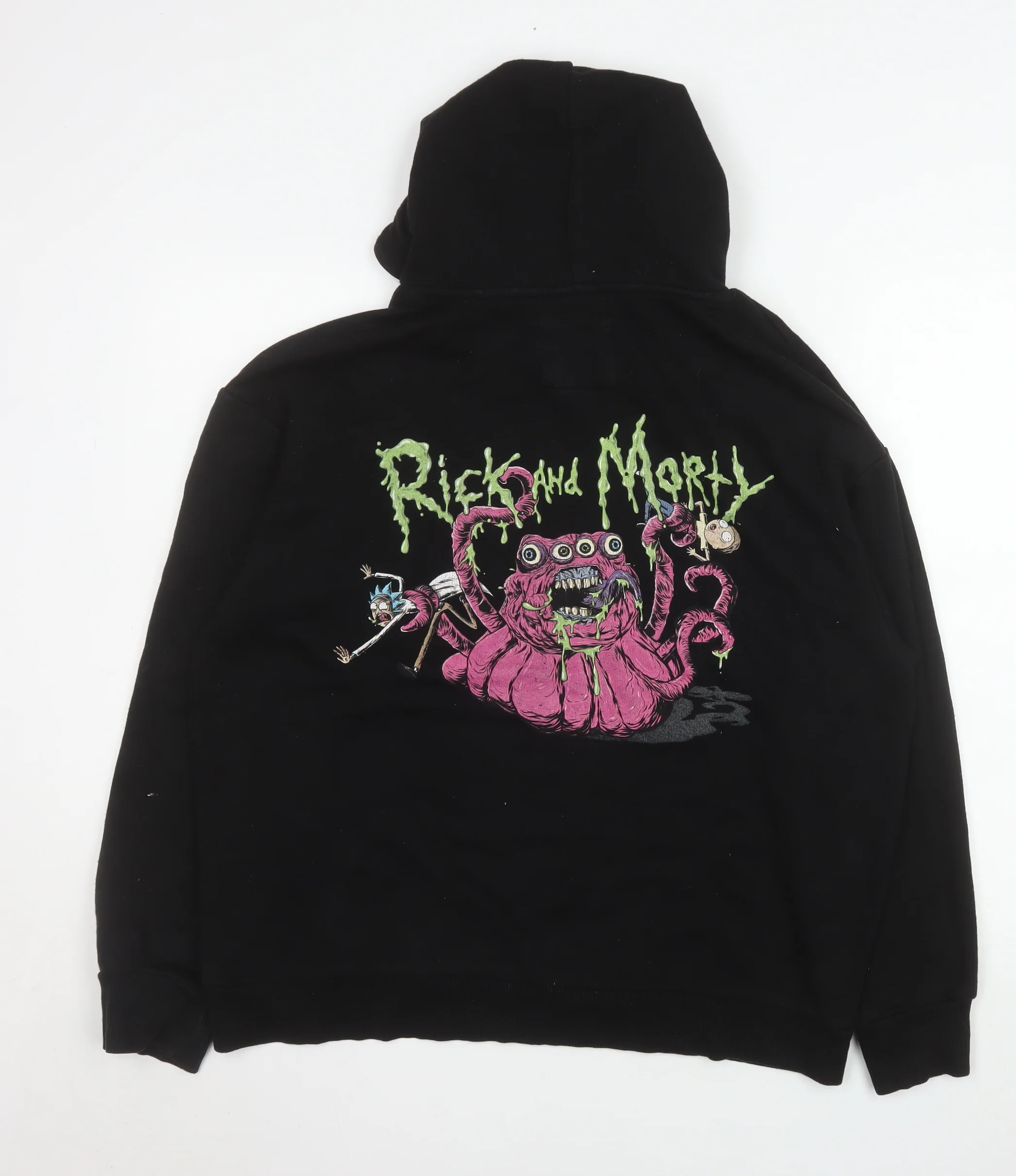 Bershka Rick and Morty Men's Black Pullover Hoodie Size S Loose Fit - Image 3
