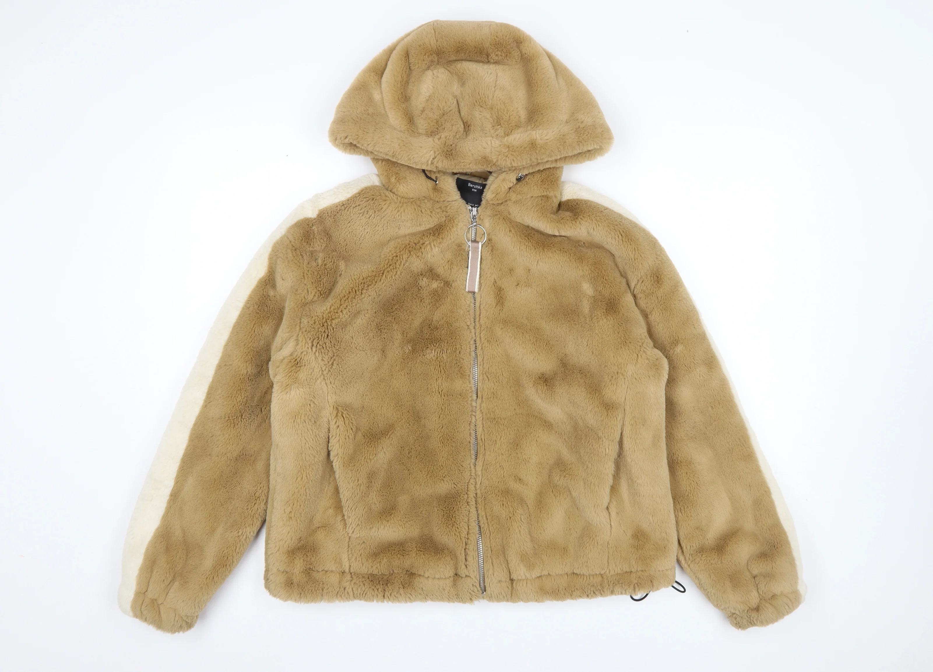 Bershka Women Beige Faux Fur Hooded Zip Puffer Jacket Size S