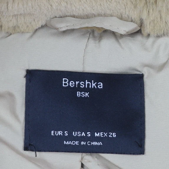 Bershka Women Beige Faux Fur Hooded Zip Puffer Jacket Size S - Image 4