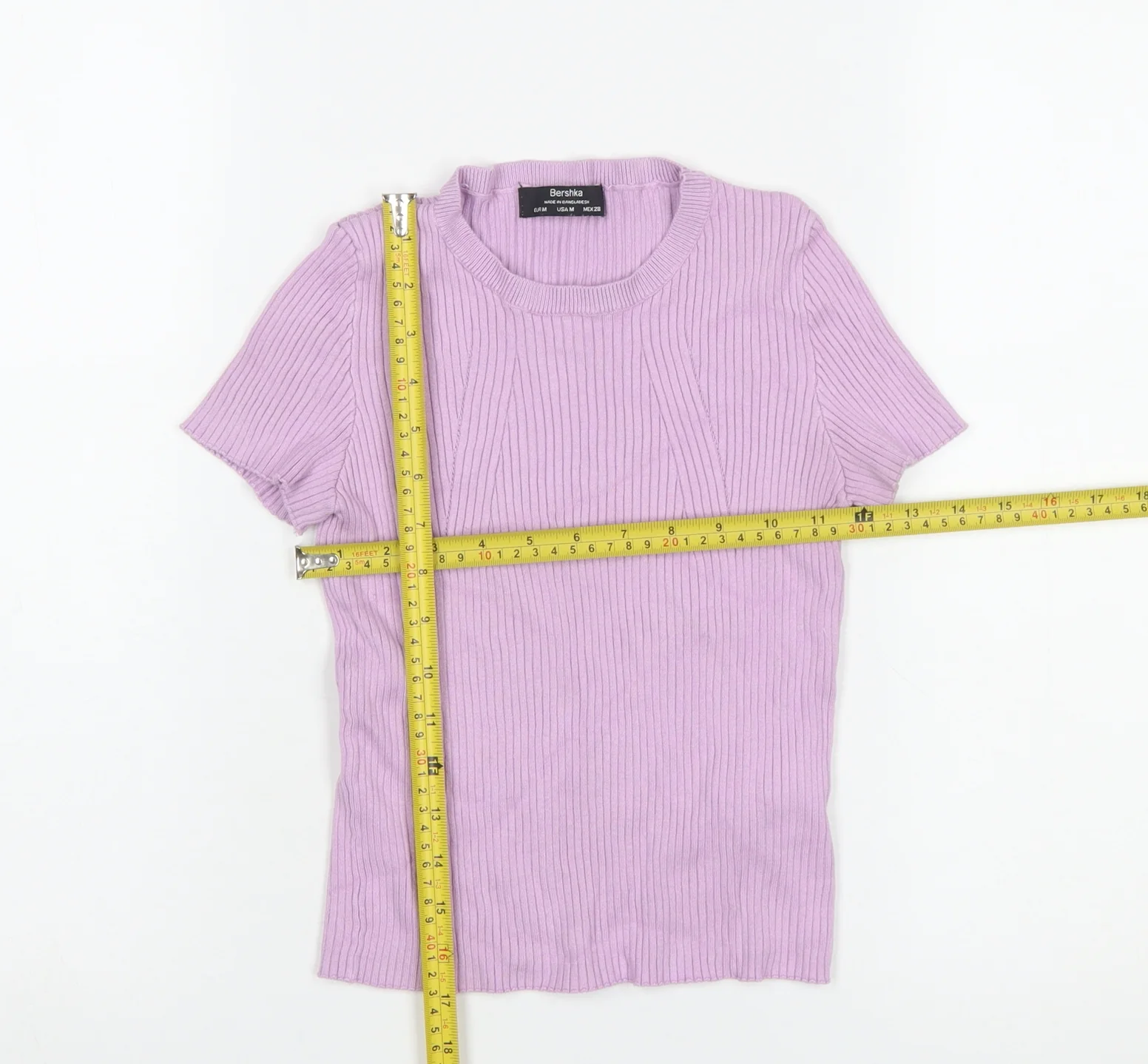Bershka Women Purple Ribbed Knit Short Sleeve Basic T-Shirt Size 12 - Image 2
