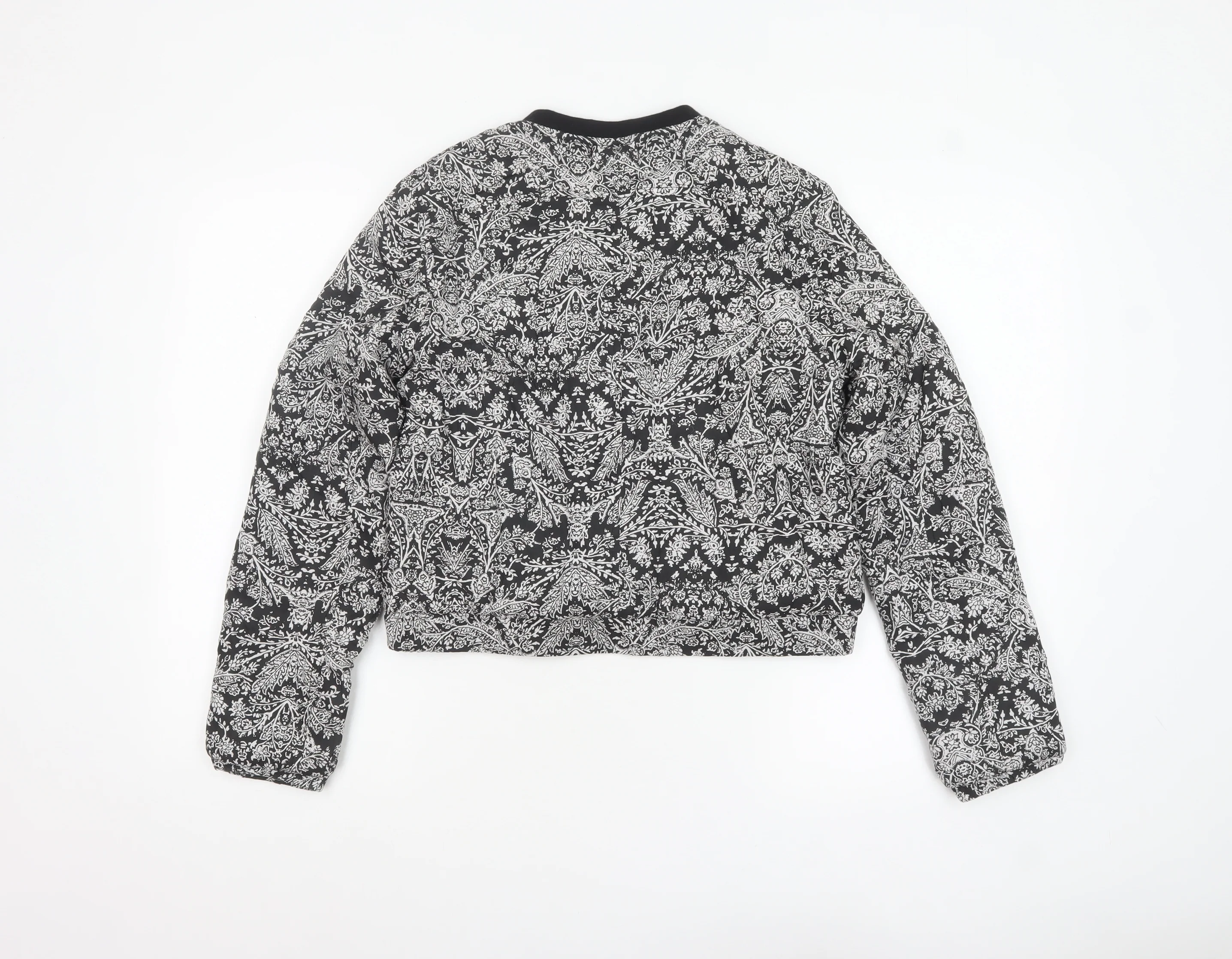 Bershka Women's Black Floral Bomber Jacket L Cropped Zip Casual - Image 3