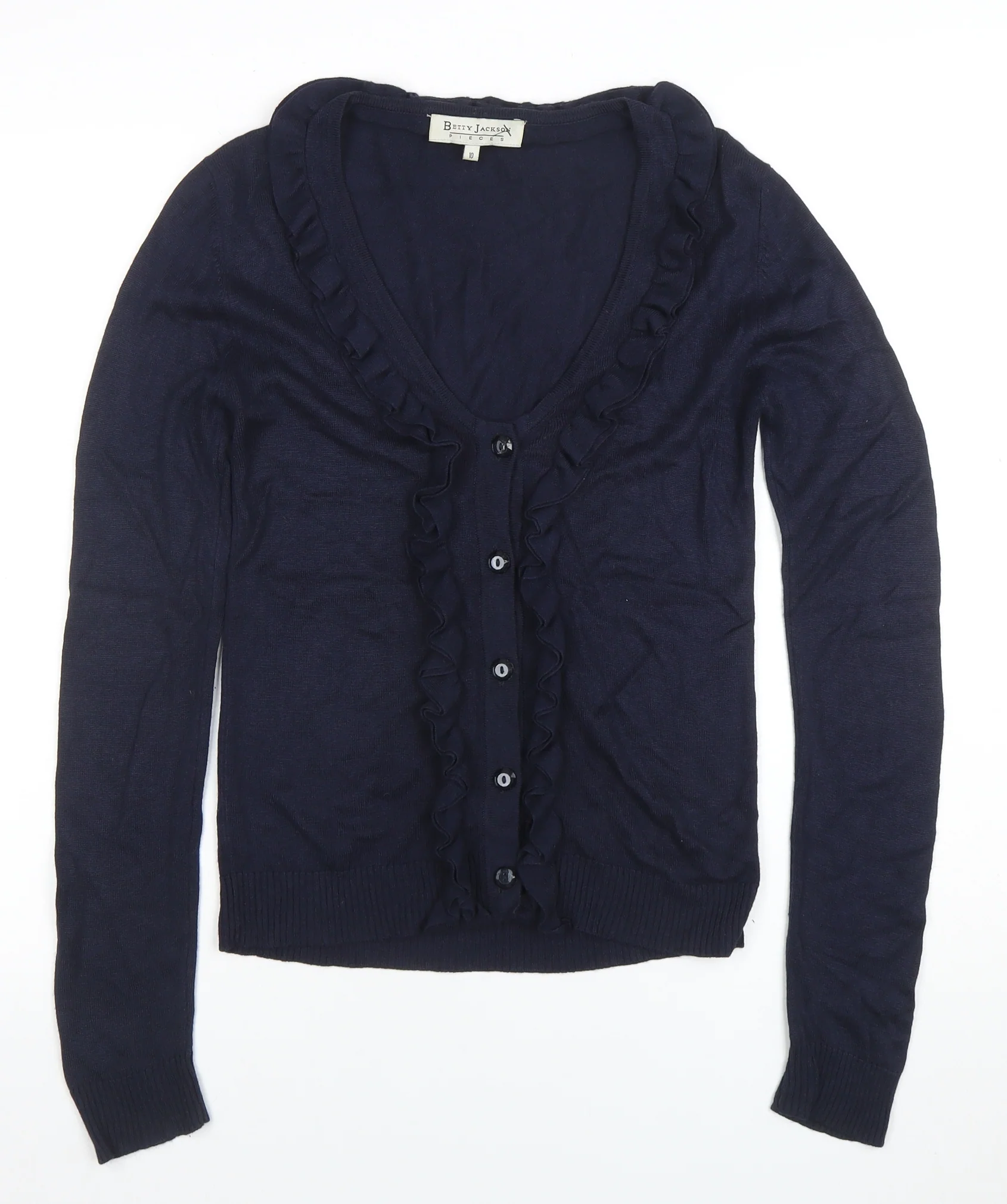 Betty Jackson Women’s Blue Ruffle V-Neck Cardigan Size 10