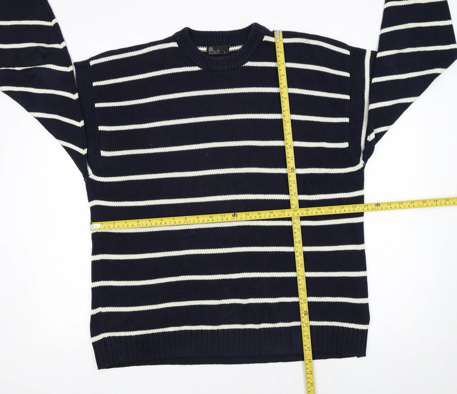 BHS Mens Blue Striped Cotton Crew Neck Jumper Size L - Image 2