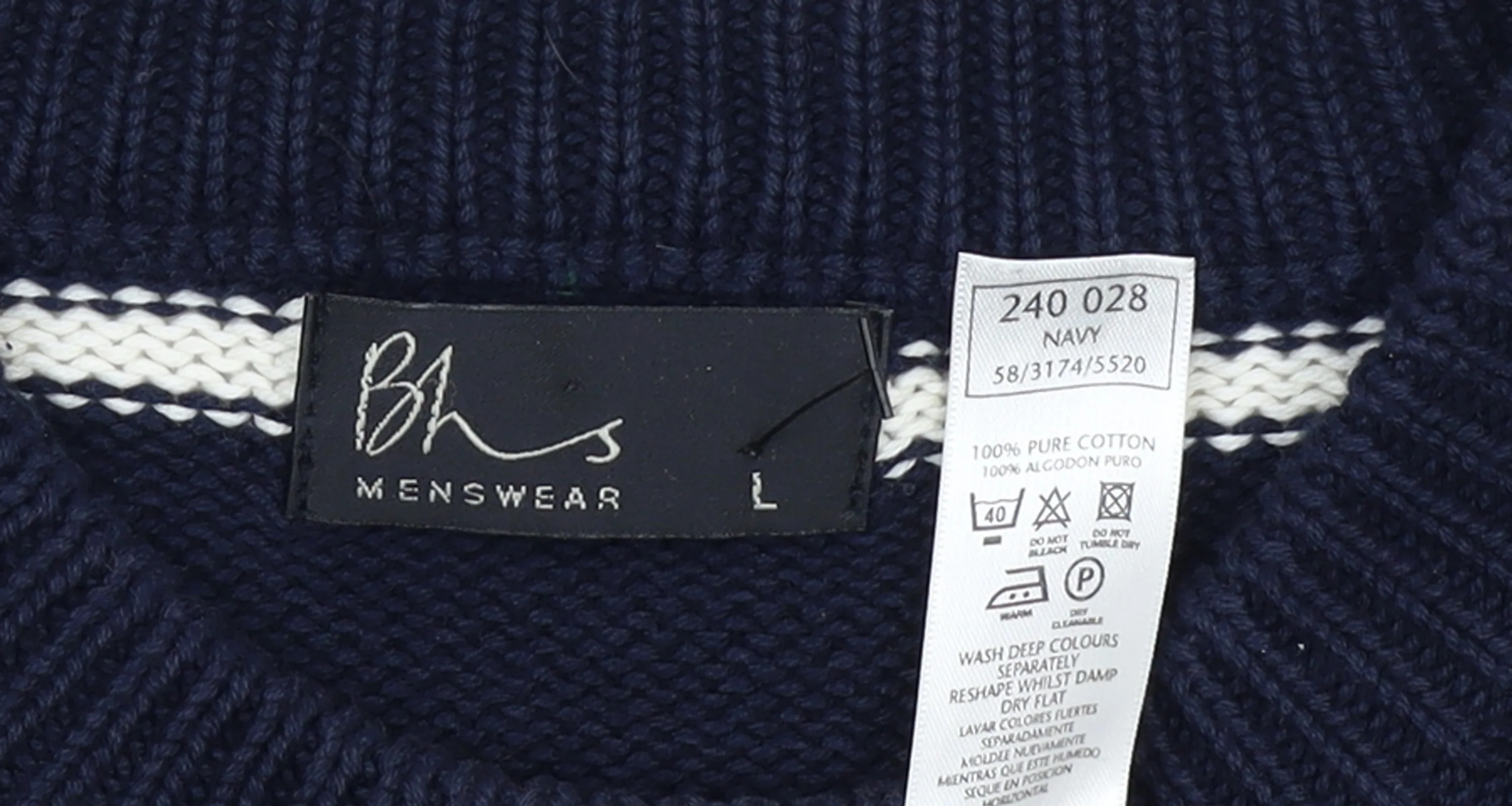 BHS Mens Blue Striped Cotton Crew Neck Jumper Size L - Image 4