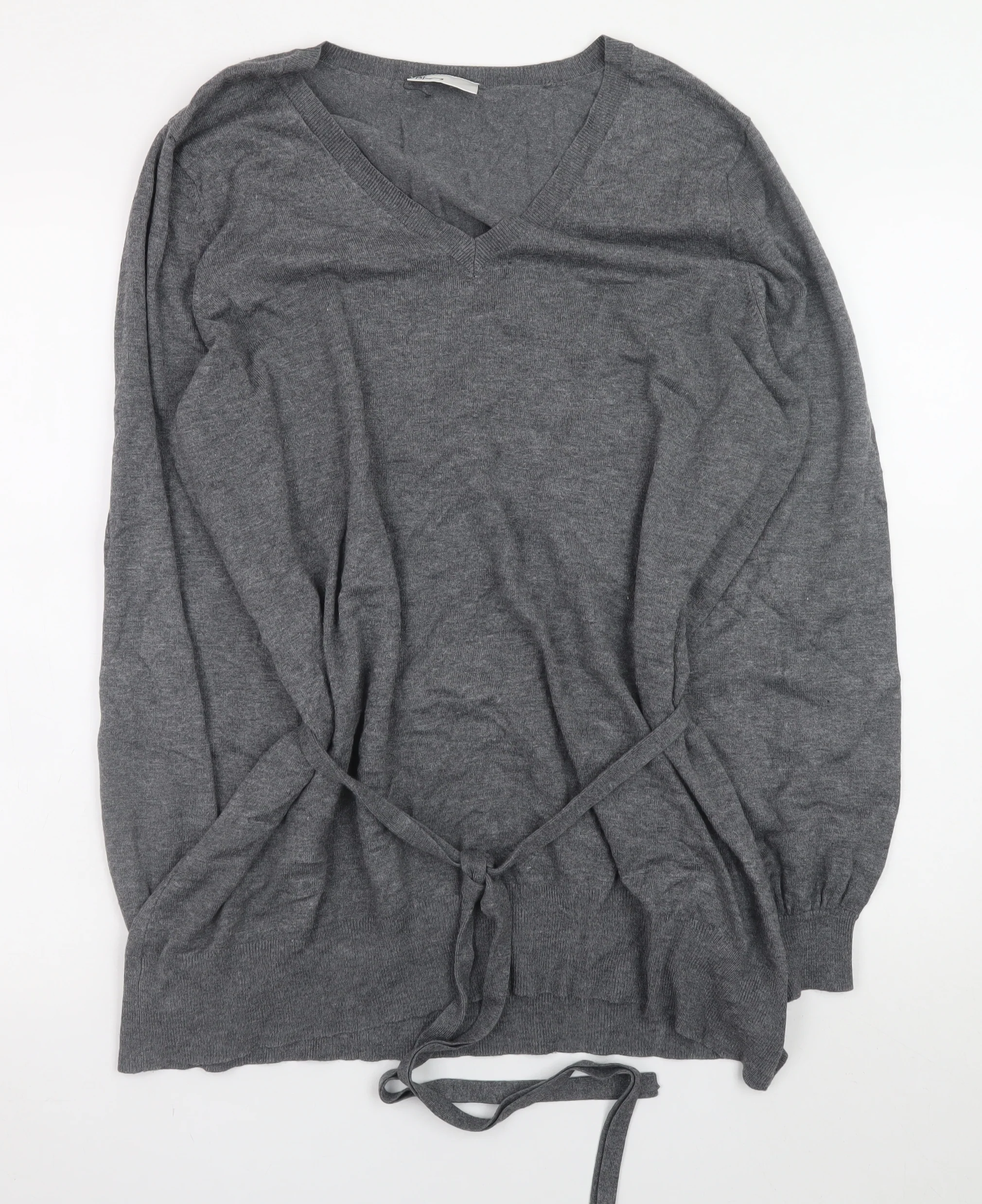 BHS Women Grey V-Neck Long Sleeve Belted Jumper Size 20