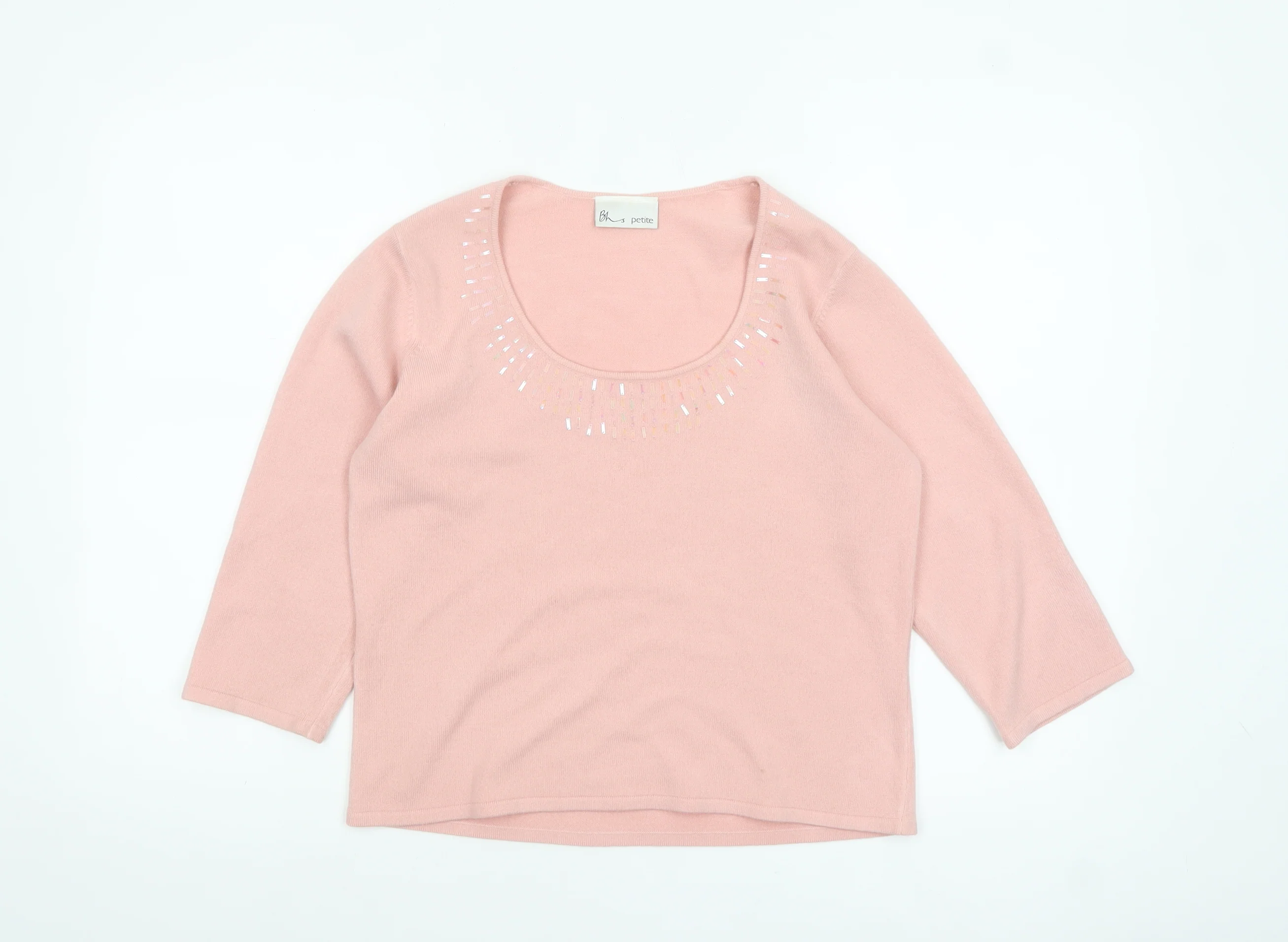BHS Women’s Pink Petite Sequin Scoop Neck 3/4 Sleeve Jumper Size 14