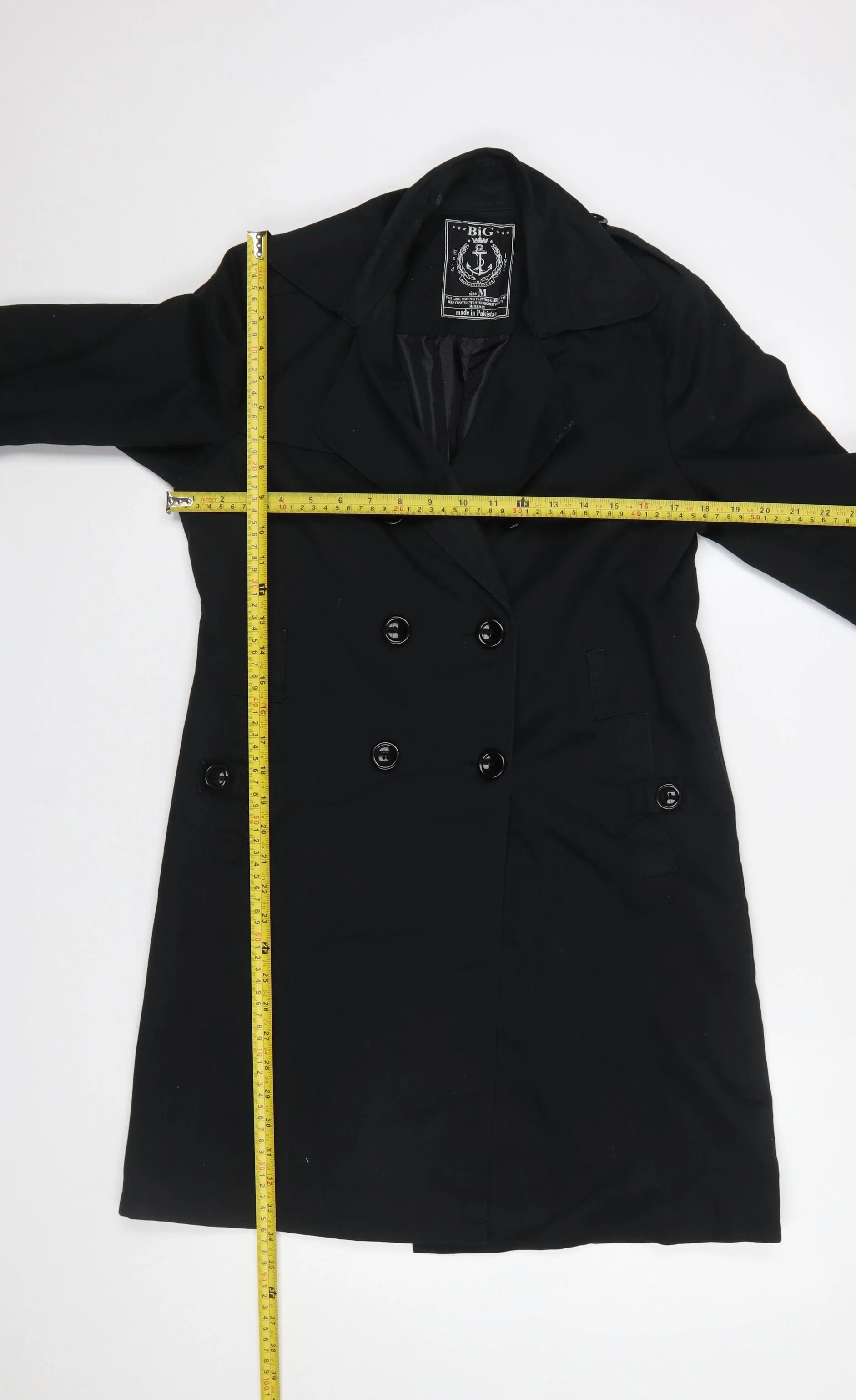 BiG Women's Black Long Trench Coat M Cotton Double-Breasted Classic - Image 2