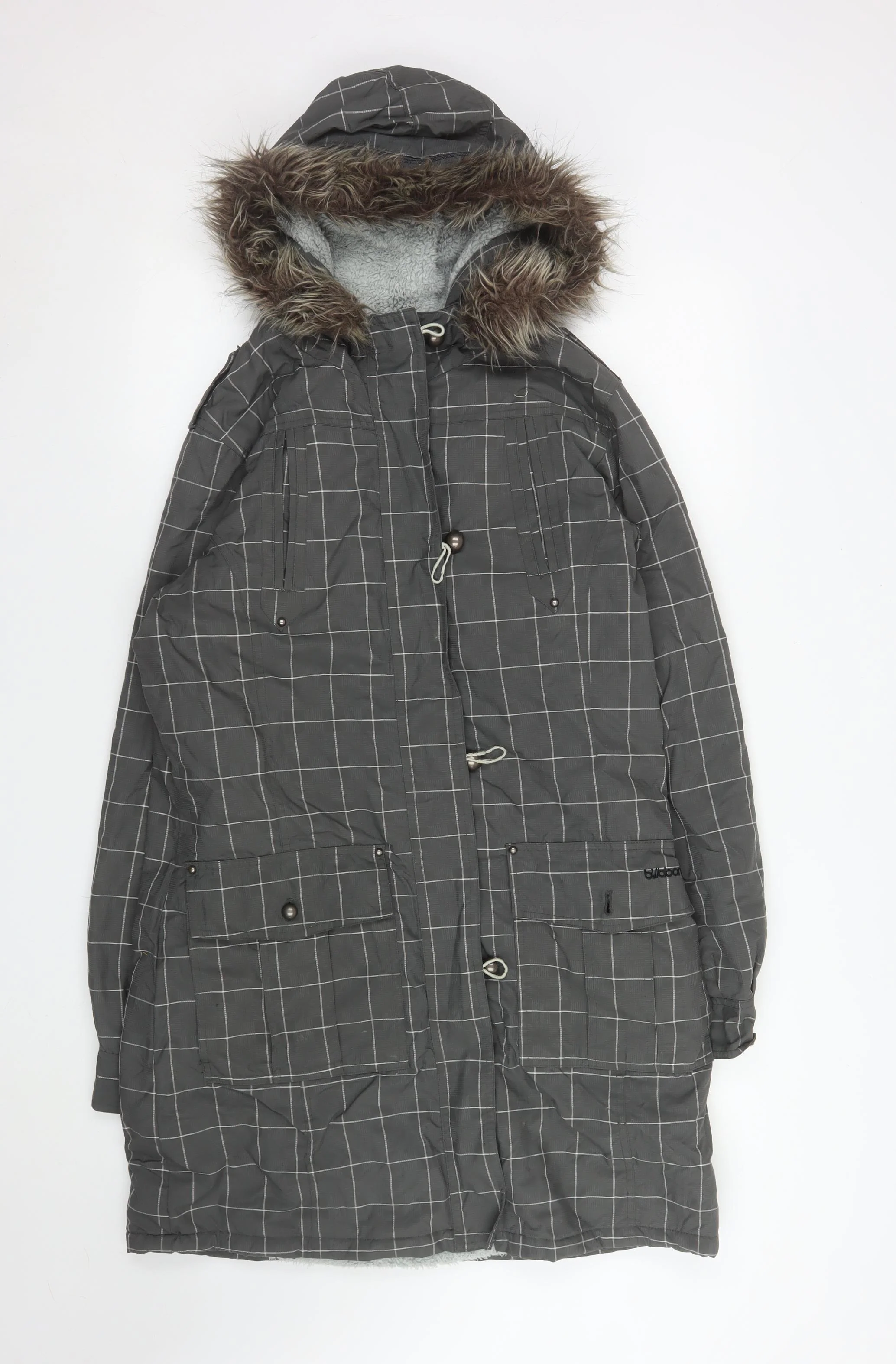 Billabong Womens Grey Checked Faux Fur Hooded Long Parka Coat L